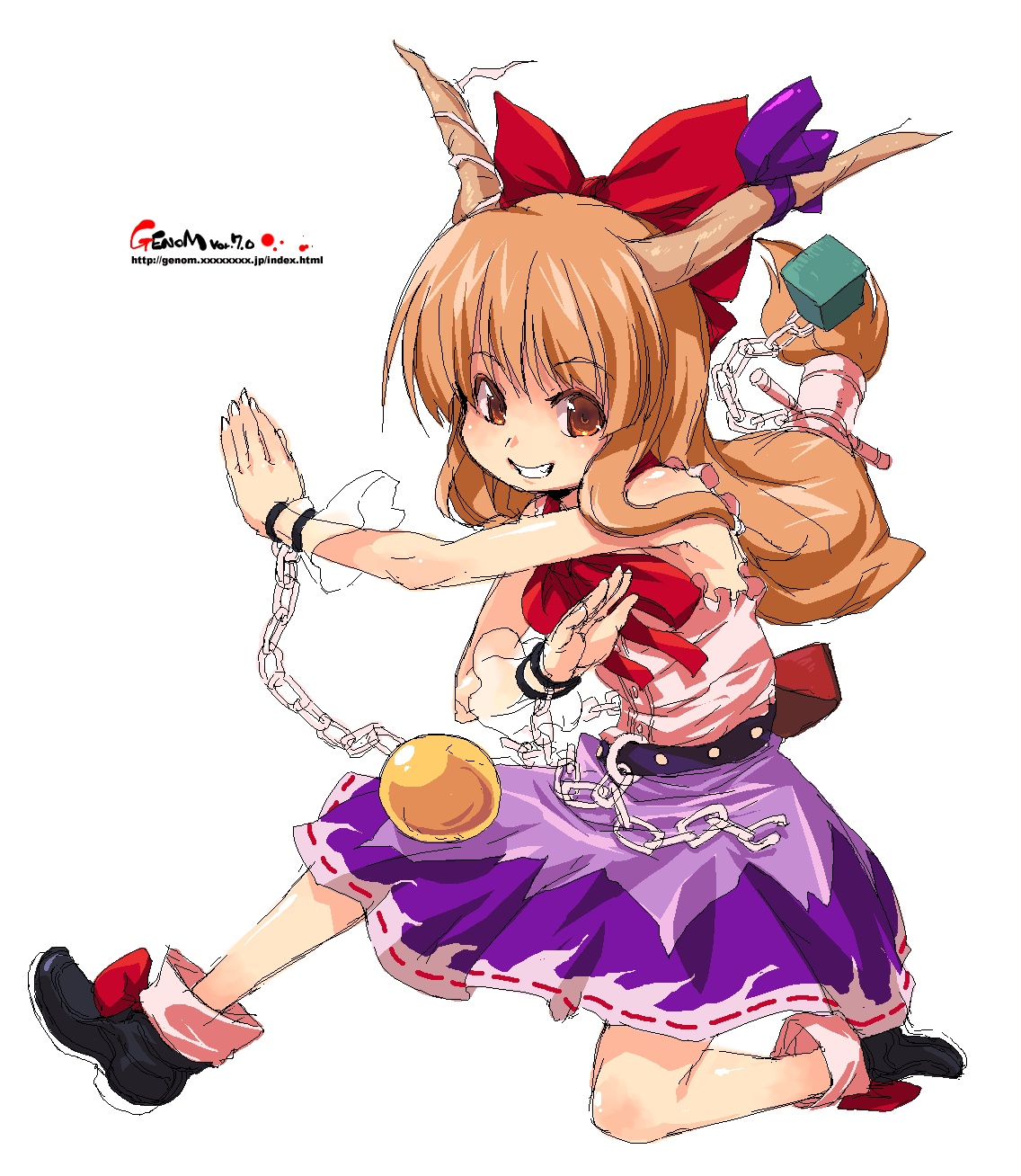 onija tarou, ibuki suika, touhou, highres, 1girl, brown hair, chain, female focus, horns, long hair, oekaki, orange eyes, orange hair, ribbon, solo