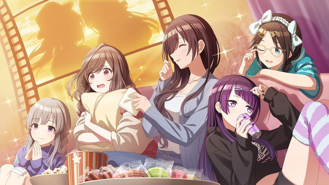 mitsumine yuika, shirase sakuya, tanaka mamimi, tsukioka kogane, yukoku kiriko, idolmaster, idolmaster shiny colors, game cg, official art, blue eyes, brown hair, closed eyes, couch, drink, film reel, food, grey hair, hair ornament, hairband, hairclip, hat, holding, nail polish, one eye closed, open mouth, pillow, plate, purple eyes, purple hair, red eyes, silhouette, sitting, sparkle, star (symbol)
