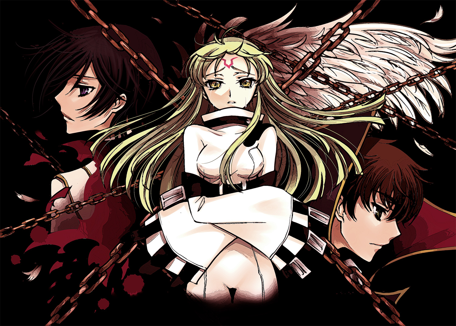 mizunomoto, c.c., kururugi suzaku, lelouch vi britannia, code geass, bad id, bad pixiv id, 00s, 1girl, 2boys, chain, green hair, long hair, multiple boys, tears, wings, yellow eyes