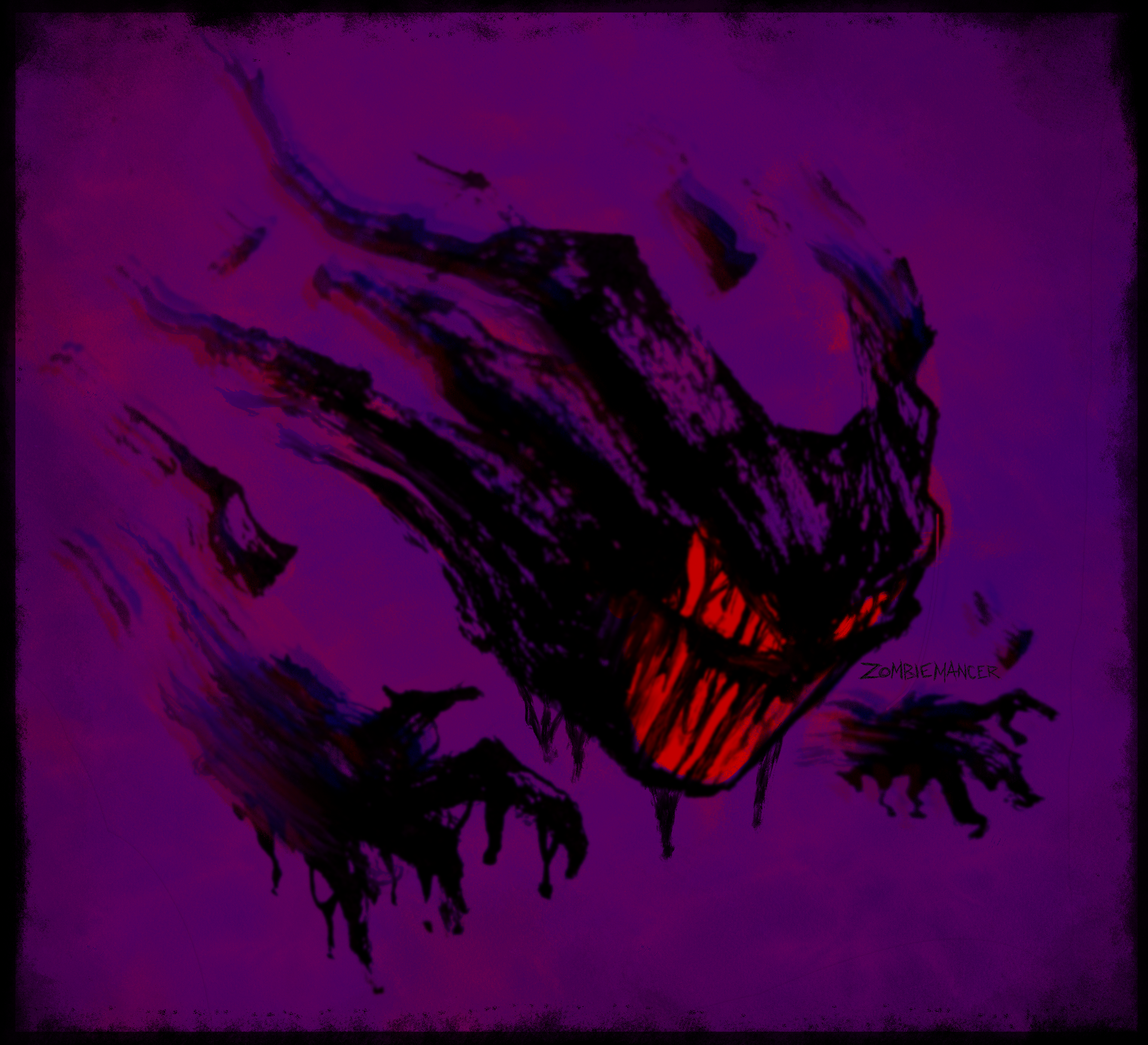 haunter, nintendo, pokemon, highres, artist name, blurry, gen 1 pokemon, ghost, no humans, open mouth, pokemon (creature), purple background, red eyes, zombiemancer