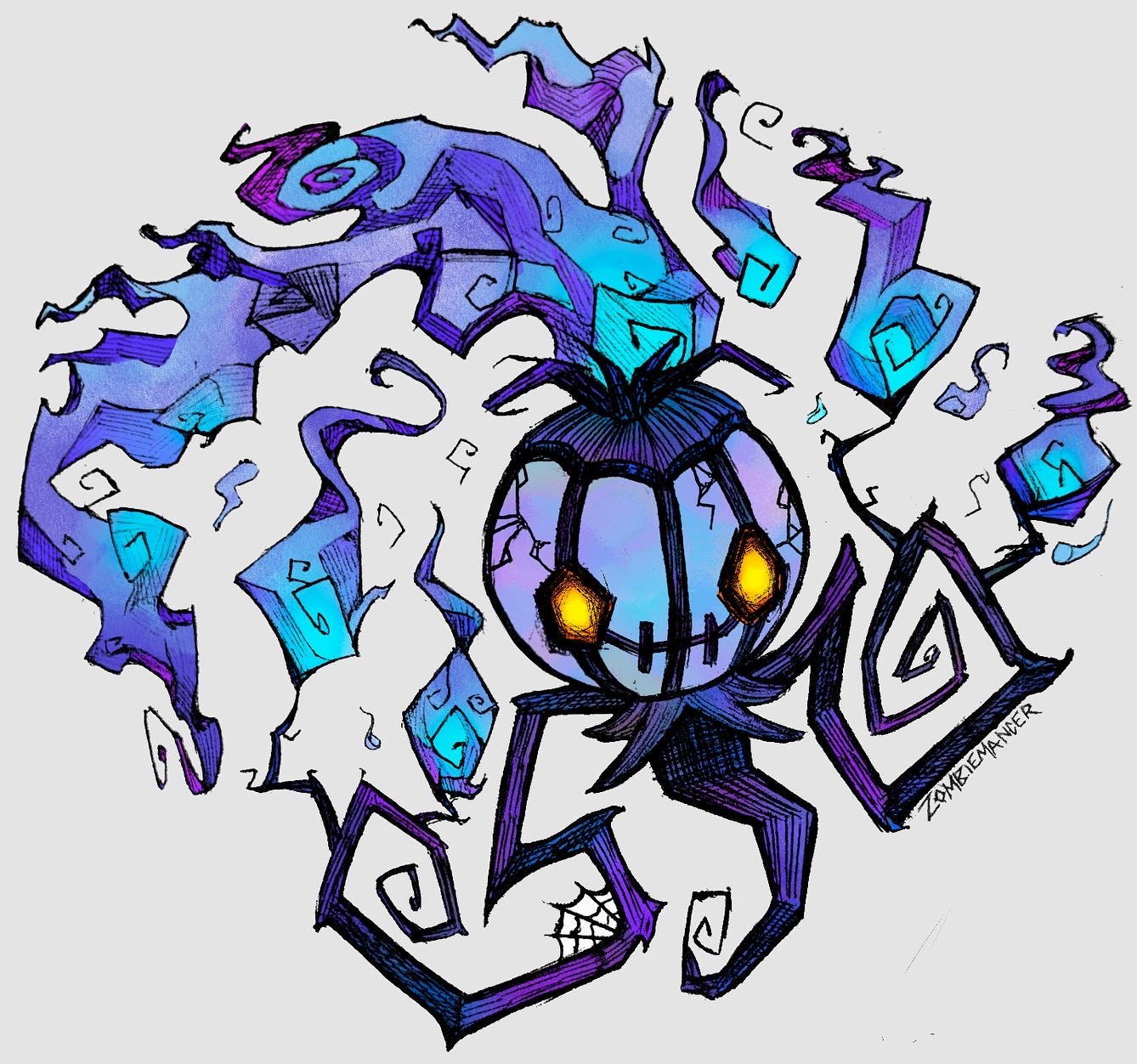 chandelure, nintendo, pokemon, highres, blue fire, fire, full body, gen 5 pokemon, ghost, inktober, no humans, pokemon (creature), simple background, white background, yellow eyes, zombiemancer