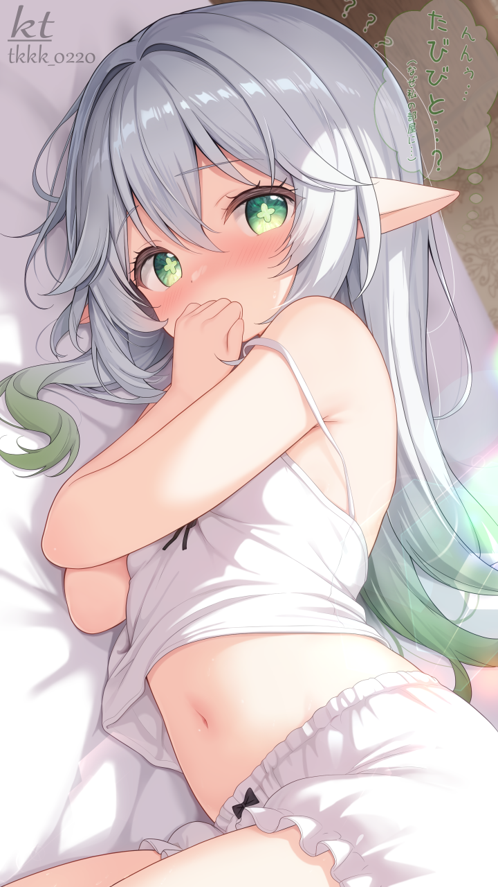 tkkk 0220, nahida (genshin impact), genshin impact, highres, paid reward available, belly, black ribbon, bloomers, blush, breasts, camisole, covering own mouth, green eyes, hair down, multicolored hair, navel, ribbon, small breasts, two-tone hair, underwear, waking up, white camisole, white hair
