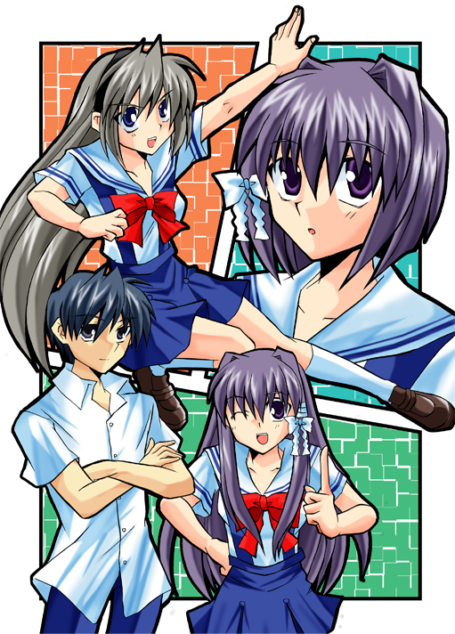 mimoton, fujibayashi kyou, fujibayashi ryou, okazaki tomoya, sakagami tomoyo, clannad, bad id, bad pixiv id, 00s, 1boy, 3girls, kicking, multiple girls, school uniform, serafuku, siblings, sisters, twins