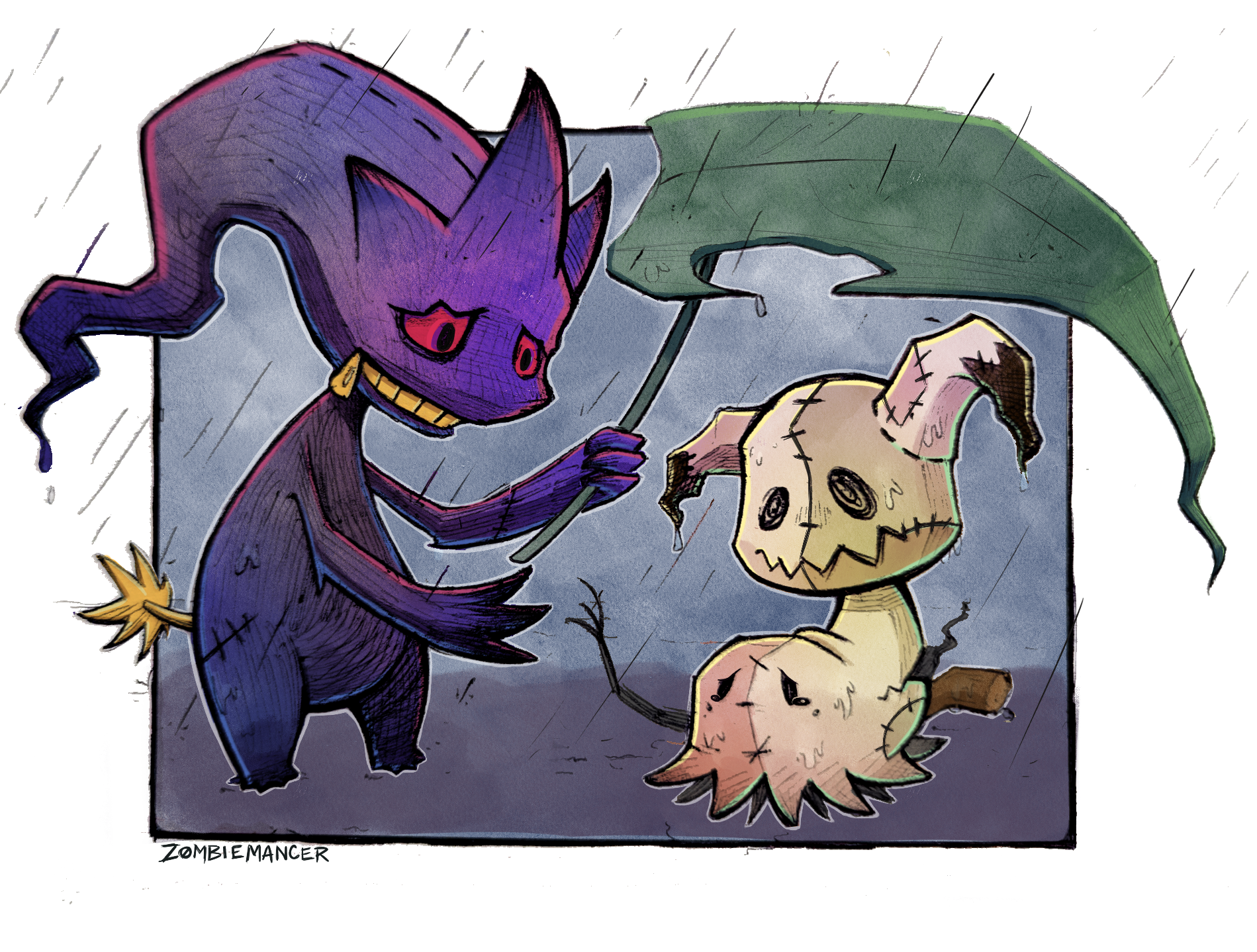 banette, mimikyu, nintendo, pokemon, highres, artist name, gen 3 pokemon, gen 7 pokemon, leaf umbrella, no humans, outdoors, pokemon (creature), rain, red eyes, sitting, standing, zipper, zombiemancer