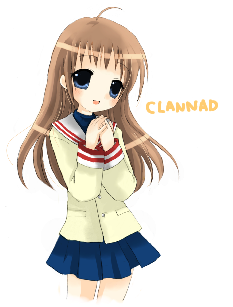 mana (10221125), miyazawa yukine, clannad, bad id, bad pixiv id, 00s, 1girl, ahoge, blue eyes, brown hair, copyright name, female focus, long hair, oekaki, own hands together, school uniform, serafuku, simple background, skirt, solo, standing, white background