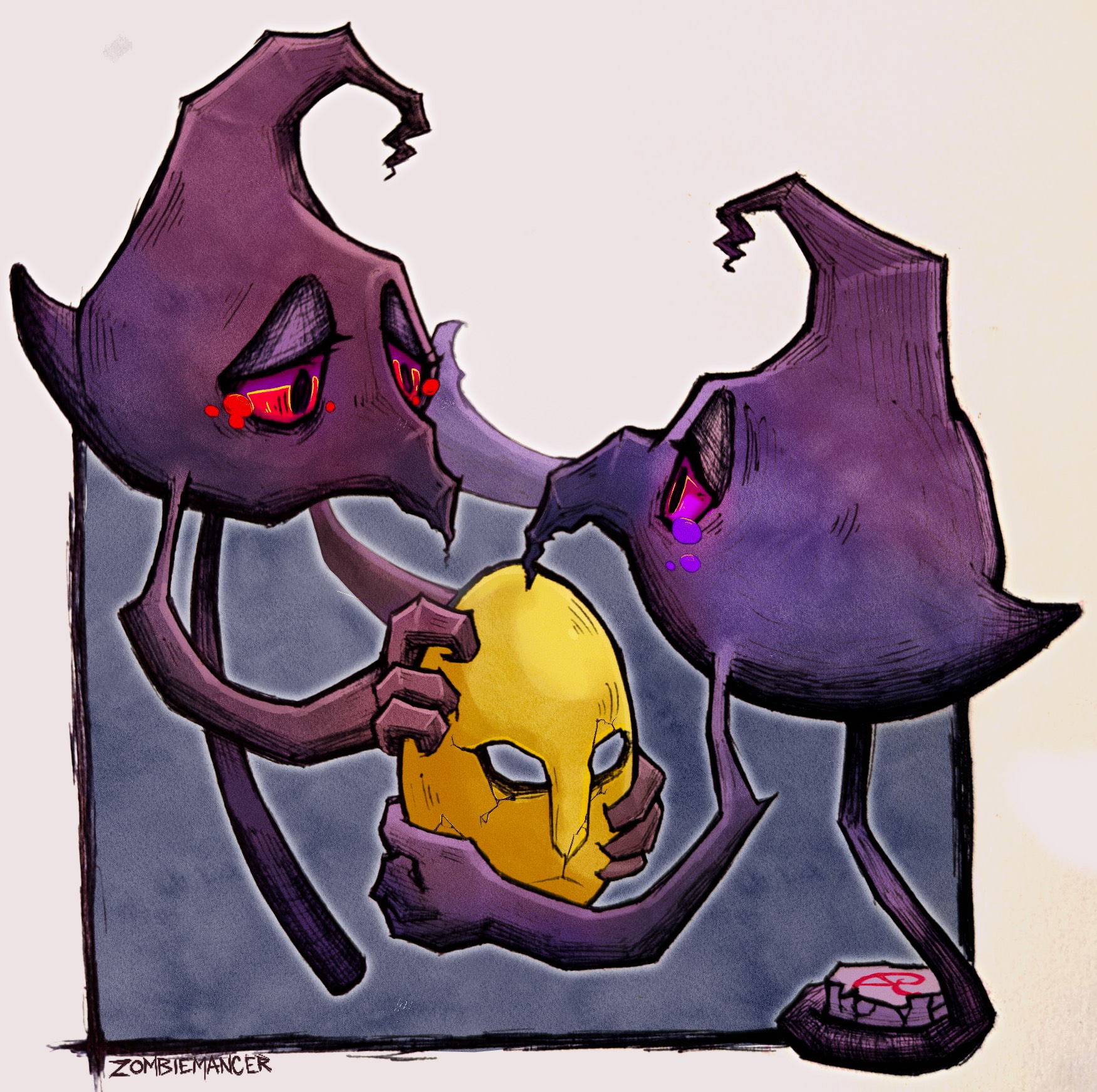 galarian yamask, yamask, nintendo, pokemon, highres, artist name, eye contact, galarian form, gen 5 pokemon, gen 8 pokemon, hand on another's cheek, hand on another's face, looking at another, mask, pokemon (creature), red eyes, unworn mask, zombiemancer