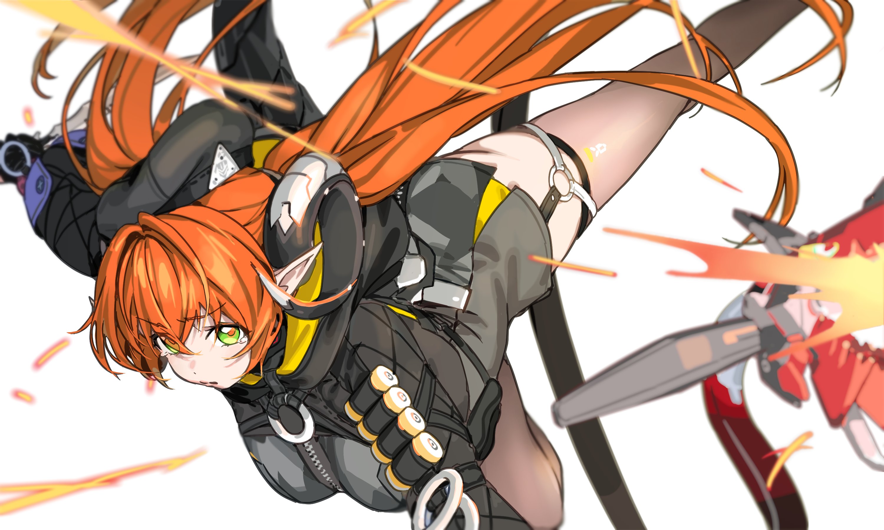 haimura kiyotaka, magus (zenless zone zero), orphie magnusson, zenless zone zero, hashtag-only commentary, highres, 1girl, ass, black hat, breasts, dragon girl, dragon horns, gloves, green eyes, hair between eyes, hat, horns, jacket, long hair, mechanical tail, orange hair, orange pupils, pointy ears, tail, thighhighs, twintails, underbutt