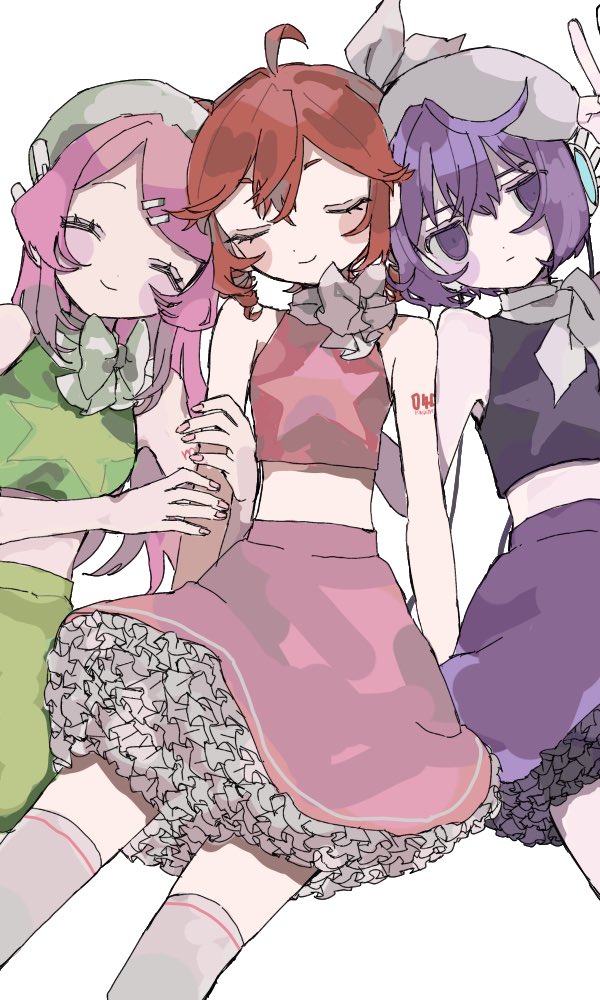 kasane teto, momone momo, utane uta, utau, 3girls, ^ ^, arm tattoo, bare shoulders, beret, blush, bow, bow choker, choker, closed eyes, crop top, drill hair, expressionless, frilled skirt, frills, hair bow, hair ornament, hairclip, hand on another's arm, hat, headphones, idol clothes, long hair, looking at viewer, lower body, medium hair, midriff, multiple girls, number tattoo, pink hair, purple eyes, purple hair, short hair, sidelocks, sitting, skirt, sleeveless, smile, socks, star (symbol), tattoo, thighhighs, twin drills, white background
