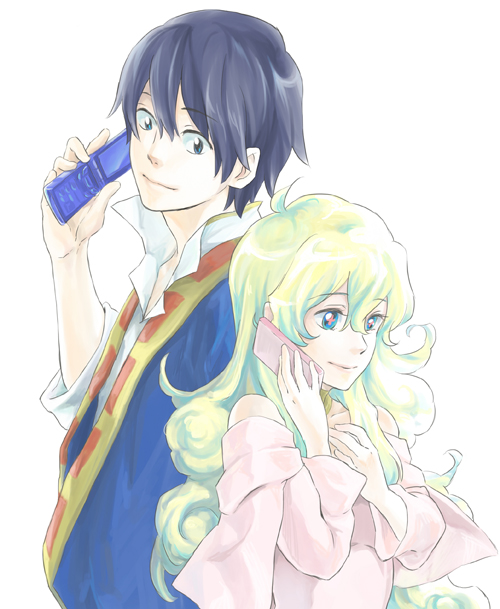 pixitoro, rotoshi, nia teppelin, simon (ttgl), tengen toppa gurren lagann, bad id, bad pixiv id, 00s, 1boy, 1girl, blue hair, cellphone, couple, curly hair, hetero, multicolored hair, phone, short hair, smile