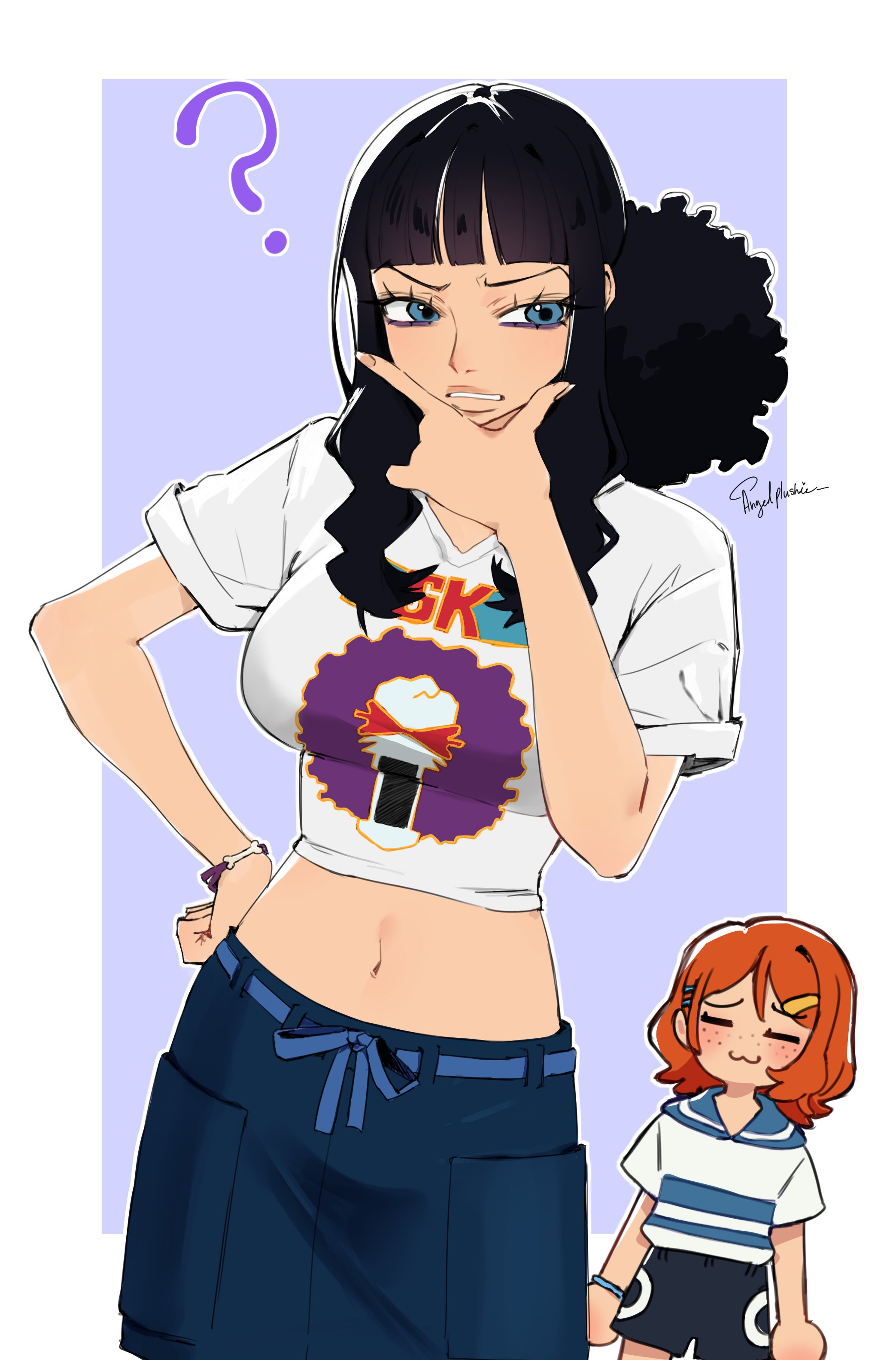 angelplushie, bookstore part-timer, nami's fangirl, one piece, one piece fan letter, absurdres, commentary, english commentary, highres, 2girls, :3, ?, black hair, blue eyes, blunt bangs, border, bracelet, crop top, eyelashes, freckles, hand on own hip, jewelry, looking to the side, medium hair, multiple girls, navel, orange hair, ponytail, shorts, sidelocks, signature, white border