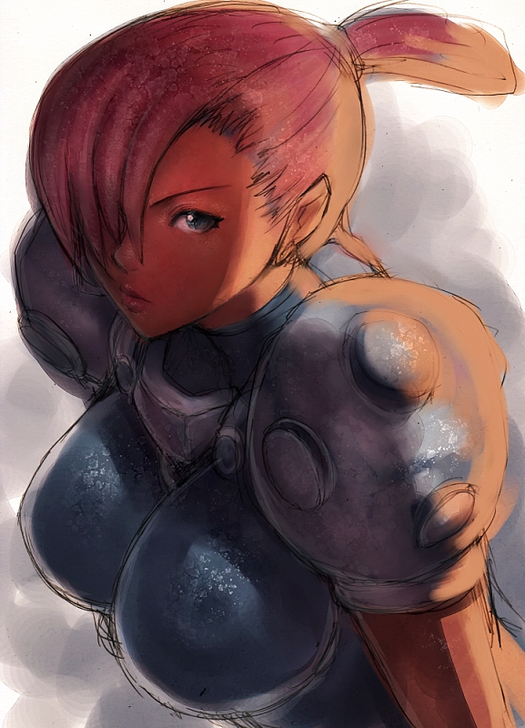 fumio (rsqkr), simone, capcom, gunspike, 1girl, armor, blonde hair, blue eyes, breasts, female focus, hair over one eye, large breasts, pauldrons, ponytail, red hair, short hair, shoulder armor, solo