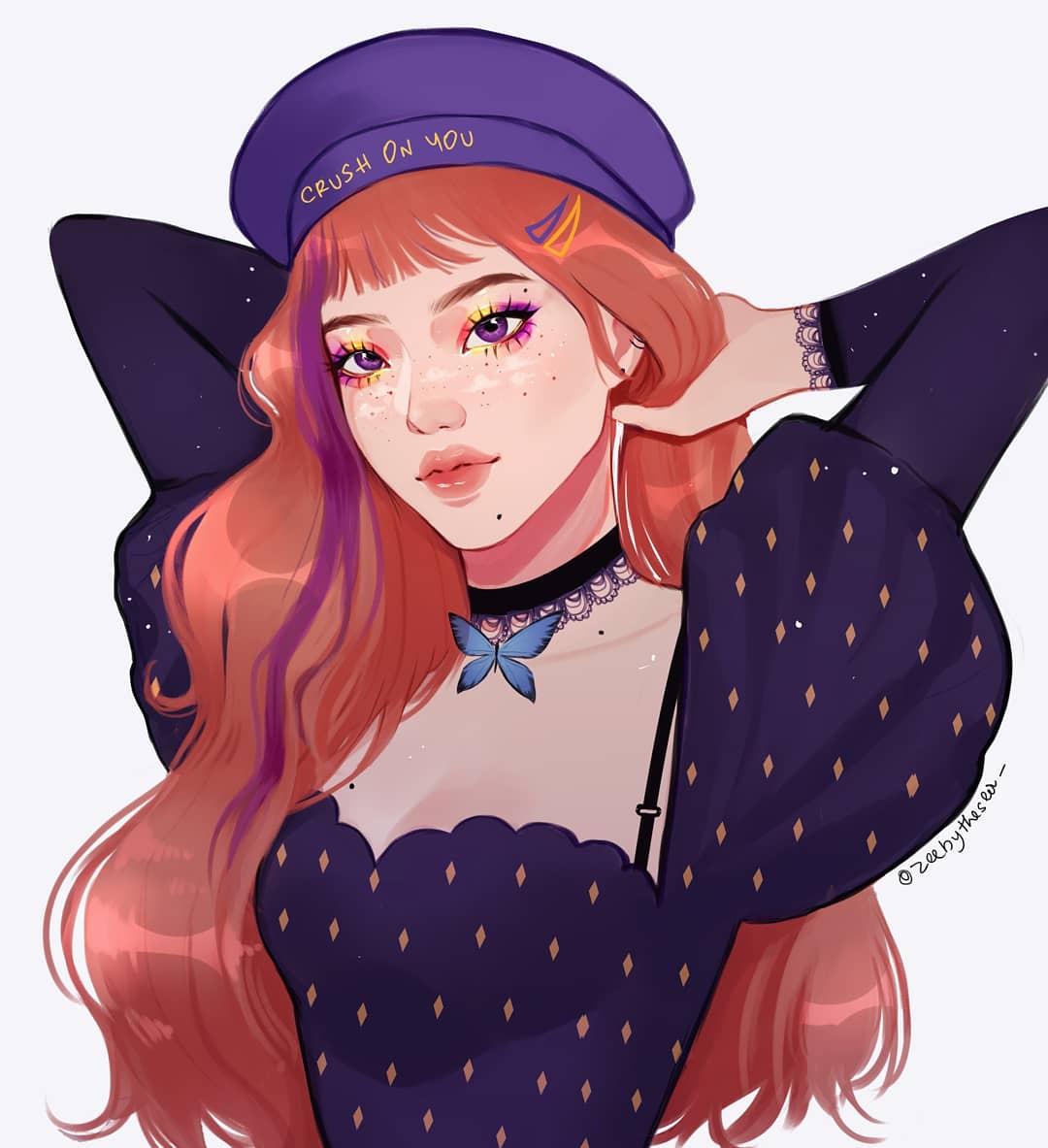 zeebythesea, original, 1girl, aegyo sal, arms behind head, arms up, beret, black choker, bra strap, breasts, butterfly choker, choker, closed mouth, collarbone, diamond print, draw this in your style challenge, dress, ear piercing, eyelashes, eyeshadow, freckles, hair ornament, hair over breasts, hair over one breast, hairclip, hat, juliet sleeves, lace-trimmed choker, lace-trimmed sleeves, lace trim, long sleeves, makeup, medium breasts, mole, mole on breast, mole on collarbone, mole under mouth, multicolored eyeshadow, multicolored hair, piercing, puffy sleeves, purple dress, purple eyes, purple eyeshadow, purple hair, purple hat, short bangs, simple background, streaked hair, text print, thick eyebrows, thick lips, twitter username, two-tone eyeshadow, two-tone hair, upper body, wavy hair, white background, yellow eyeshadow