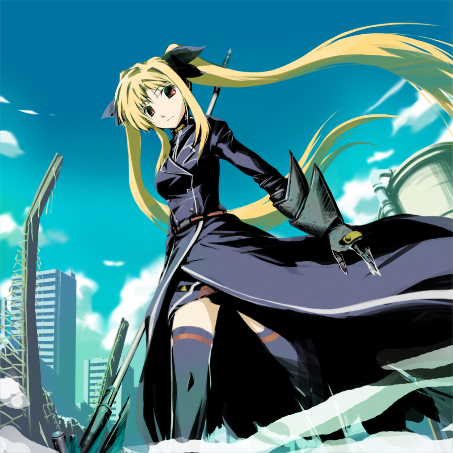 ko azuma, bardiche (assault form) (nanoha), bardiche (nanoha), fate testarossa, fate testarossa (impulse form), lyrical nanoha, mahou shoujo lyrical nanoha, 00s, blonde hair, brown eyes, gloves, long hair, solo, thighhighs, twintails