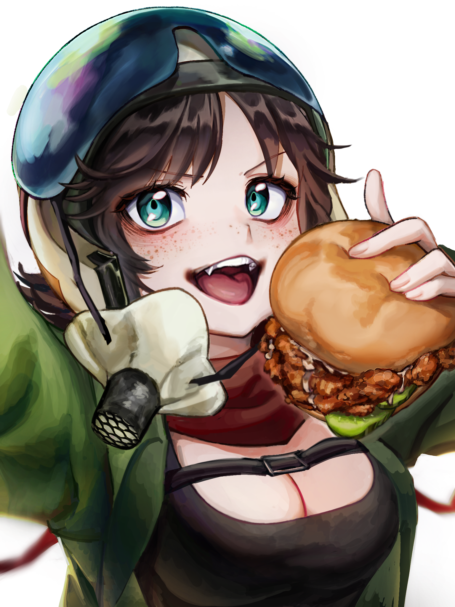 prez (project wingman), project wingman, bad link, highres, aqua eyes, breasts, brown hair, burger, cleavage, deadbeatsilver, fang, food, green jacket, helmet, holding, holding burger, holding food, jacket, looking at viewer, neckerchief, open mouth, oxygen mask, pilot helmet, red neckerchief
