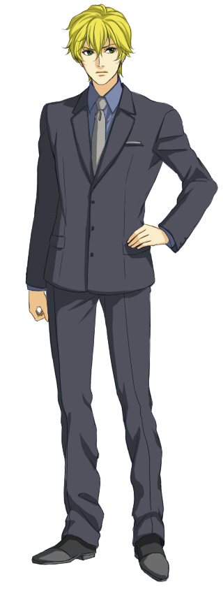 sakatsuki, graham aker, gundam, gundam 00, bad id, bad pixiv id, 00s, blazer, blonde hair, boots, formal clothes, green eyes, jacket, male focus, necktie, short hair, solo, suit