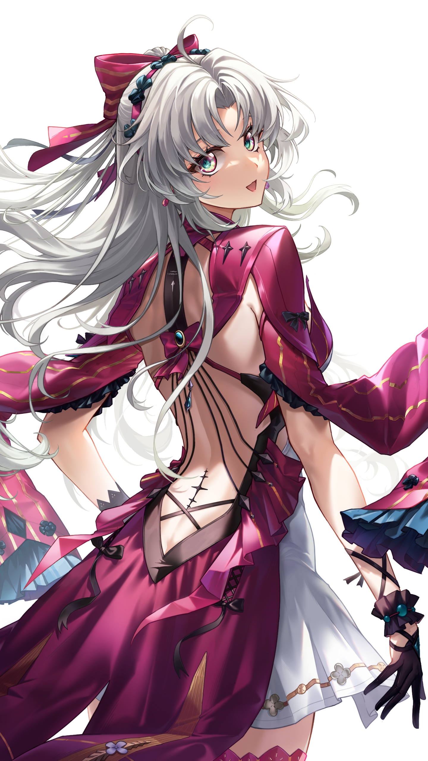 jihua tong (miyoushe 74564856), carlotta (wuthering waves), wuthering waves, absurdres, chinese commentary, commentary request, highres, 1girl, ahoge, aqua eyes, back, black gloves, bow, dress, from behind, gloves, grey hair, hair bow, jacket, long hair, looking at viewer, looking back, median furrow, open mouth, parted bangs, pink bow, pink jacket, simple background, smile, solo, striped bow, tacet mark (wuthering waves), white background, white dress
