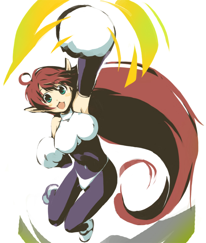 ko azuma, roomi, galaxy fight, 1girl, :3, animal hands, armpits, blue bodysuit, bodysuit, breasts, brown hair, cat paws, covered erect nipples, female focus, green eyes, large breasts, pointy ears, red hair, solo
