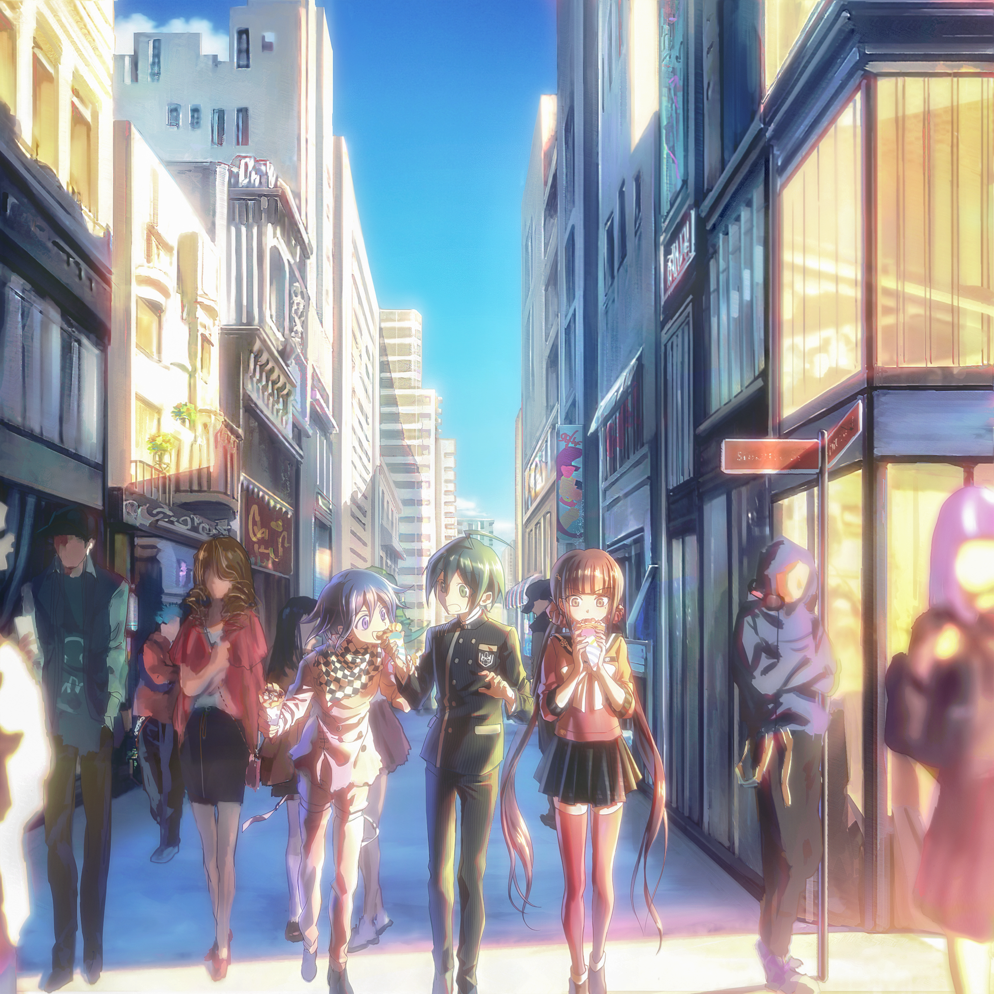 luclu03, harukawa maki, oma kokichi, saihara shuichi, danganronpa (series), danganronpa v3: killing harmony, commentary, english commentary, highres, 1girl, 2boys, ahoge, aqua eyes, aqua hair, arm belt, belt, black boots, black jacket, black pants, black sailor collar, black scarf, black shoes, black skirt, blue sky, blunt bangs, boots, bow, bowtie, breast pocket, brooch, brown hair, building, buttons, checkered clothes, checkered scarf, cityscape, cloud, collared jacket, crepe, crest, day, denim, dot nose, double-breasted, downturned eyes, dress pants, dress shoes, eating, faceless, faceless female, faceless male, flower, flower brooch, food, food theft, food wrapper, full body, hair between eyes, hair ornament, hair scrunchie, happy, height difference, high collar, holding, holding crepe, holding food, jacket, jeans, jewelry, layered sleeves, long hair, long sleeves, low twintails, miniskirt, mole, mole under eye, multicolored buttons, multiple belts, multiple boys, open belt, open mouth, outdoors, pale skin, pants, people, pleated skirt, pocket, purple eyes, purple hair, red eyes, red scrunchie, red shirt, red thighhighs, sailor collar, scarf, scenery, school uniform, scrunchie, serafuku, shade, shirt, shoes, short hair, sign, signpost, skirt, sky, skyscraper, sleeve cuffs, smile, sunlight, thigh belt, thigh strap, thighhighs, three-quarter sleeves, torn clothes, torn jeans, torn pants, twintails, two-tone scarf, undershirt, very long hair, walking, wavy hair, white belt, white bow, white bowtie, white flower, white jacket, white pants, white scarf, zettai ryouiki