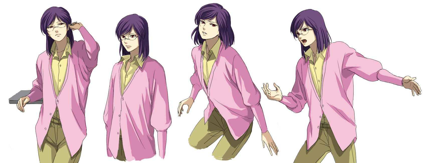 sakatsuki, tieria erde, gundam, gundam 00, bad id, bad pixiv id, gender request, highres, 00s, 1boy, androgynous, cardigan, glasses, male focus, multiple views, purple hair, red eyes, simple background, white background