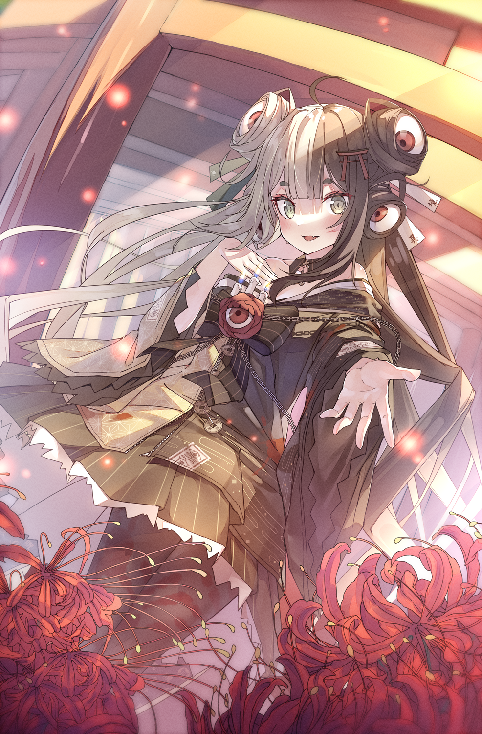 shiro youduki, dodomeki akuru, indie virtual youtuber, commentary request, highres, 1girl, :d, bare shoulders, black bow, black dress, black hair, black pantyhose, blunt bangs, blush, bow, chest bow, cowboy shot, day, double-parted bangs, dress, dutch angle, eye in flower, eye in hair, eyelashes, fang, flat chest, floating hair, flower, green eyes, hand on own chest, long hair, long sleeves, looking at viewer, multicolored hair, off-shoulder dress, off shoulder, open mouth, outdoors, outstretched arm, pantyhose, pinstripe bow, red eyes, red flower, short dress, skin fang, smile, solo, spider lily, split-color hair, torii hair ornament, two-tone hair, white hair, wide sleeves