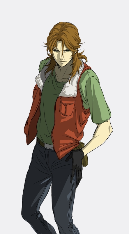 sakatsuki, lockon stratos, gundam, gundam 00, bad id, bad pixiv id, 00s, belt, brown hair, denim, gloves, jeans, male focus, pants, vest
