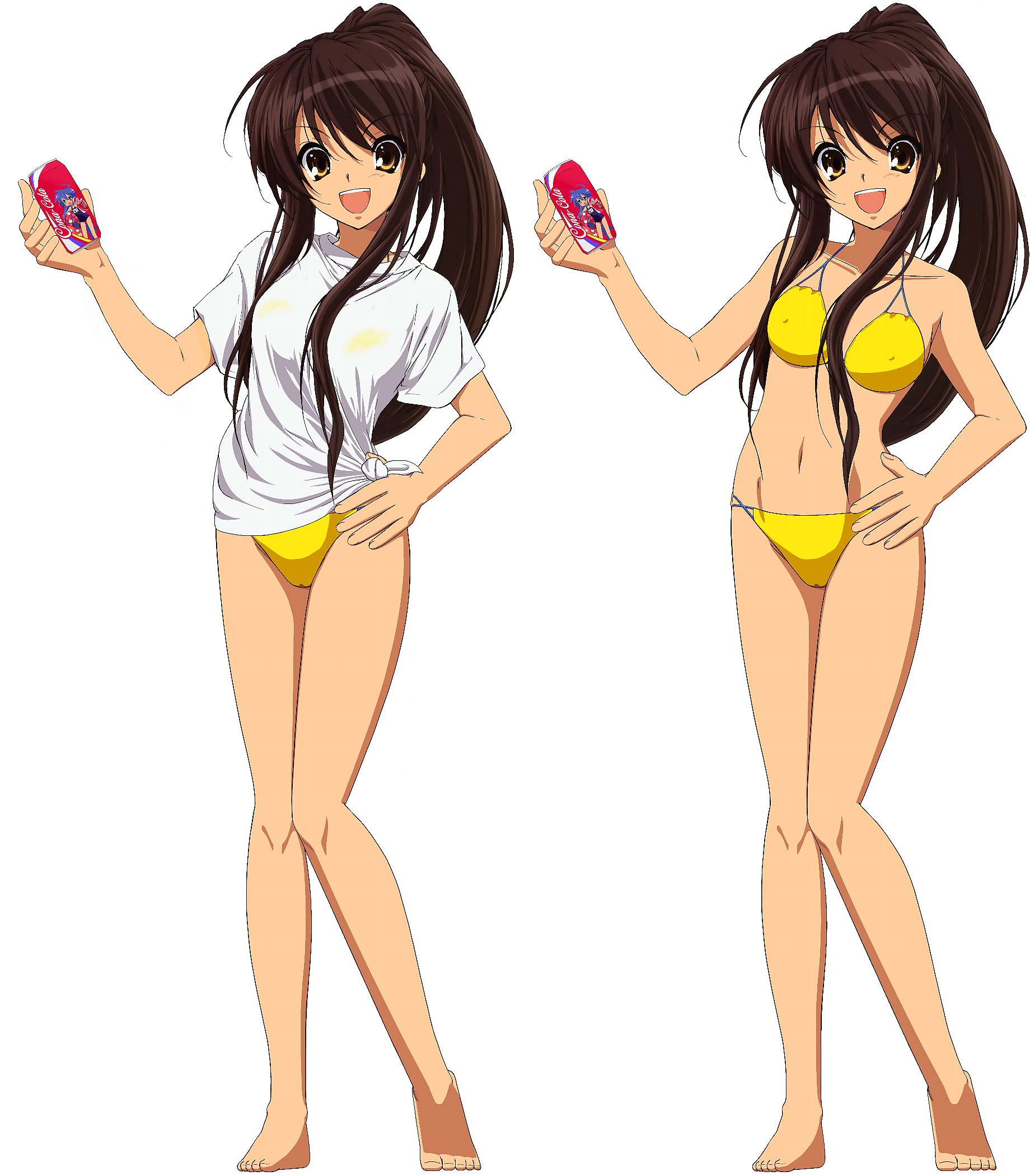 izumi konata, suzumiya haruhi, coca-cola, lucky star, suzumiya haruhi no yuuutsu, highres, jpeg artifacts, non-web source, third-party edit, 00s, bikini, brown eyes, brown hair, can, drink can, long hair, ponytail, see-through clothes, shirt, soda can, swimsuit, t-shirt