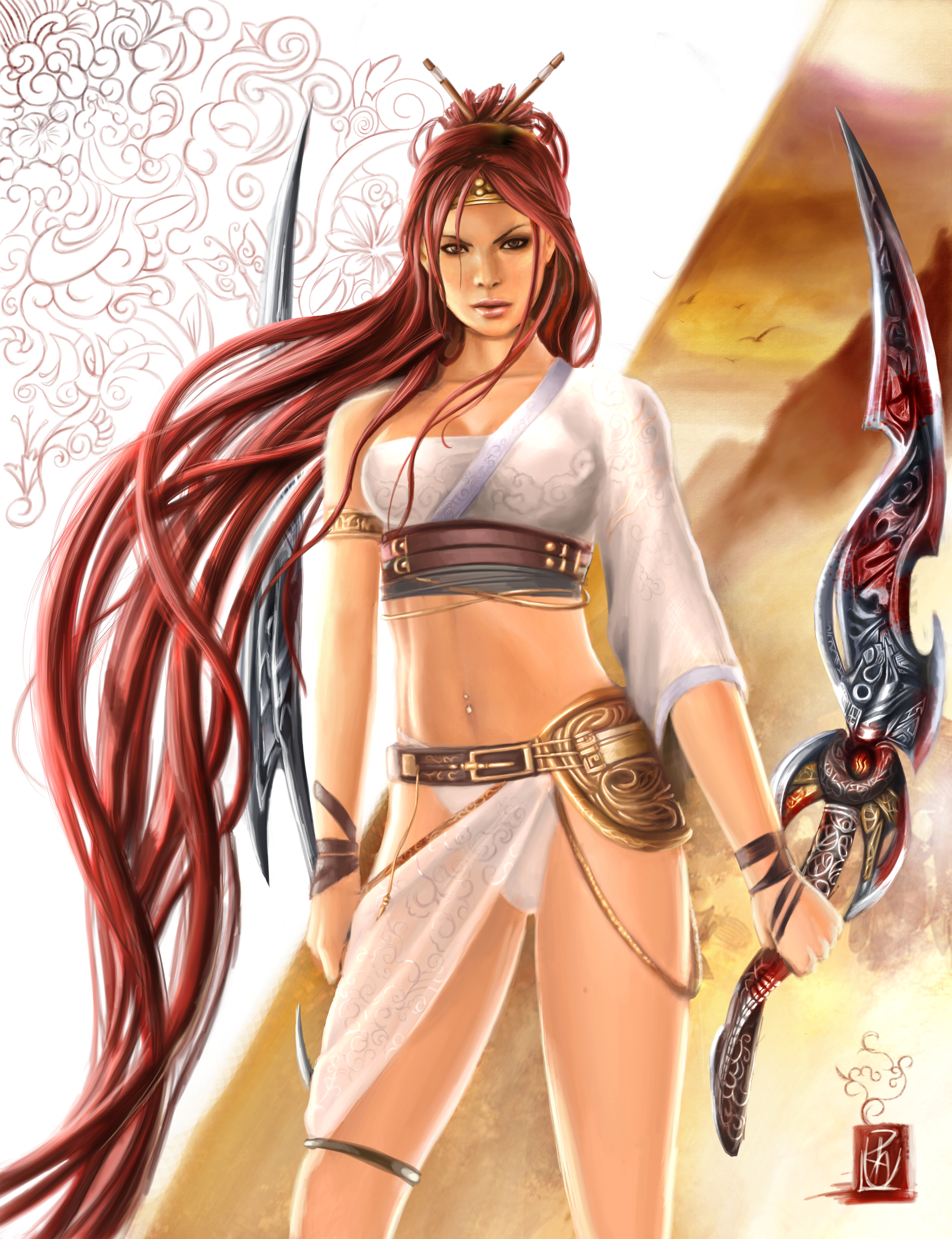 hayama eishi, nari otoko, noriko, nariko, heavenly sword, absurdres, highres, 1girl, female focus, hair ornament, legs, long hair, midriff, navel, navel piercing, piercing, red hair, solo, sword, very long hair, weapon