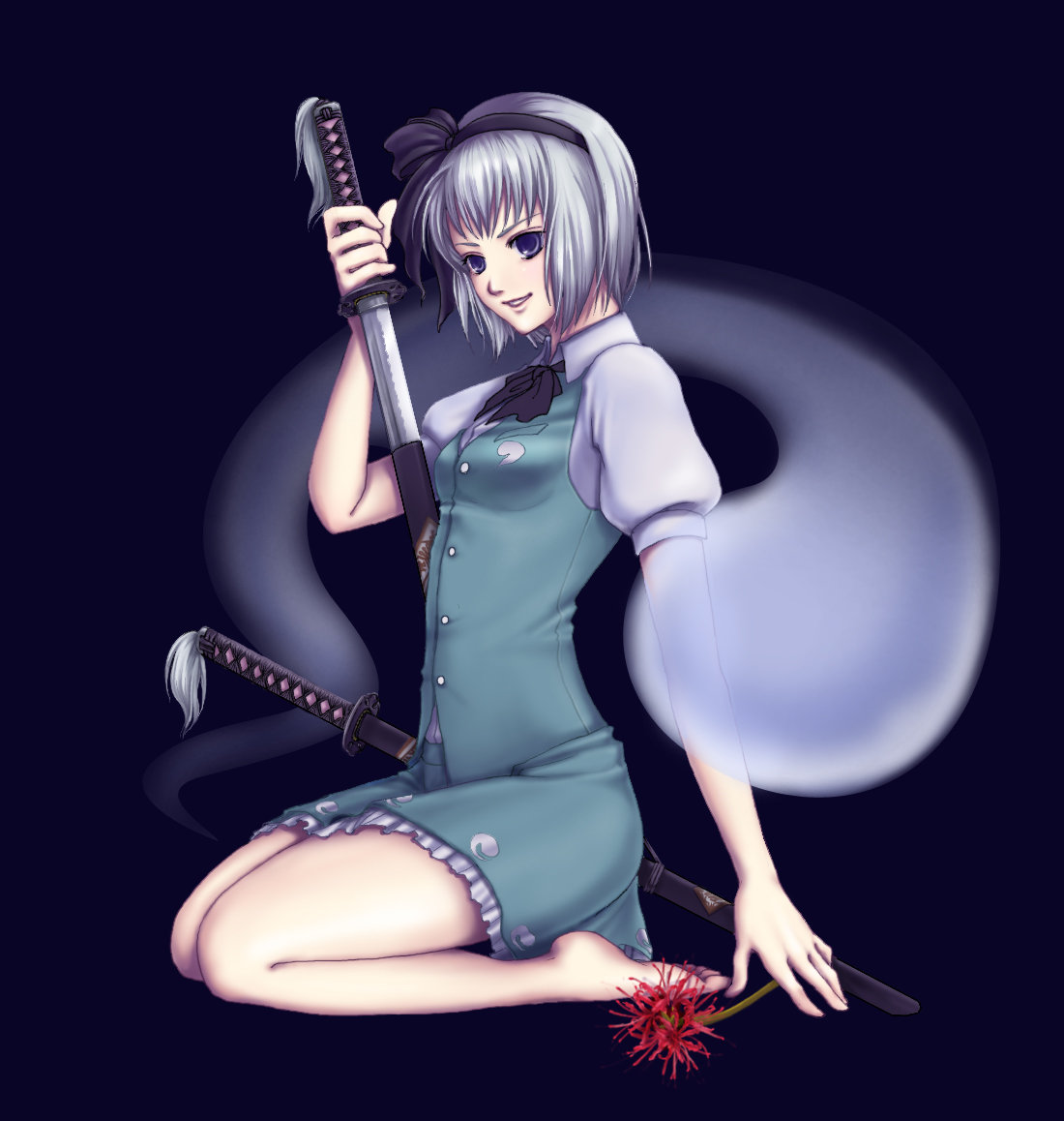 mai (pixiv), ouka mai, konpaku youmu, konpaku youmu (ghost), touhou, silver hair, bad id, bad pixiv id, 1girl, barefoot, blue eyes, female focus, flower, ghost, hitodama, katana, kneeling, red flower, ribbon, sheath, sheathed, short hair, smile, solo, spider lily, sword, unsheathing, weapon