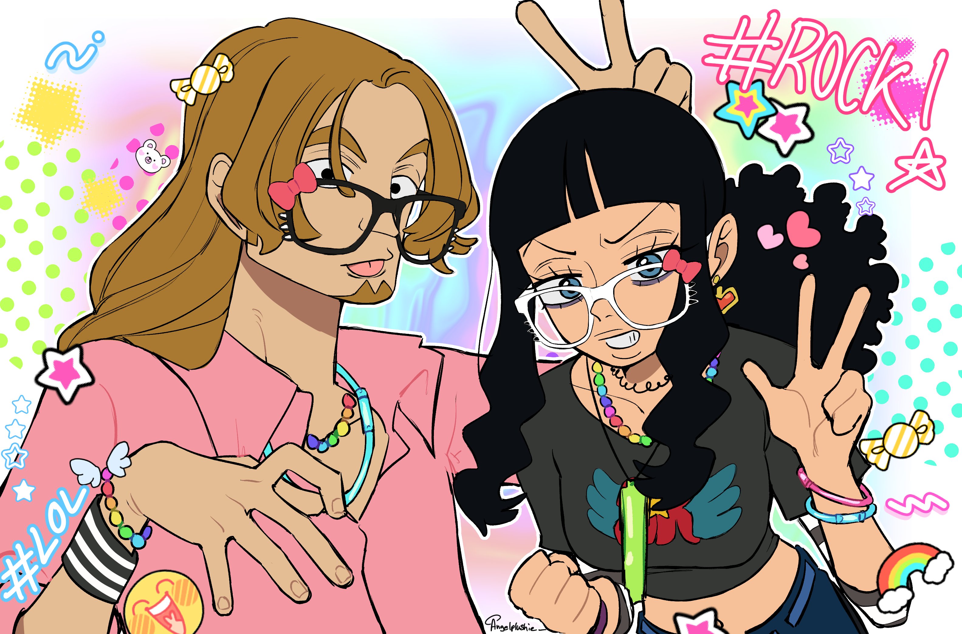 angelplushie, bookstore part-timer, one piece, one piece fan letter, commentary, english commentary, highres, 1boy, 1girl, blonde hair, blunt bangs, bracelet, clenched hand, collared shirt, crop top, eyelashes, facial hair, glasses, goatee, heart, jewelry, long hair, looking at viewer, necklace, pearl necklace, pink shirt, ponytail, shirt, sidelocks, star (symbol), tongue, tongue out, upper body, v, v-shaped eyebrows, wristband, younger marine brother