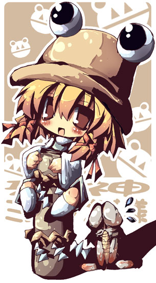 dango mushi, mishaguji, moriya suwako, touhou, 1girl, blonde hair, chibi, female focus, hat, phallic symbol, ribbon, short hair, solo