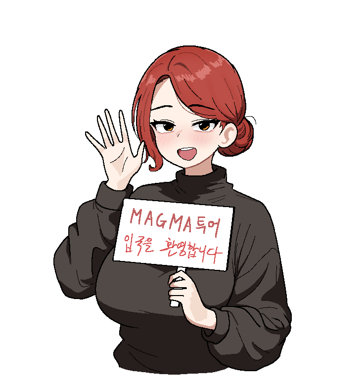 cocktiel77, original, commentary request, translation request, 1girl, breasts, brown sweater, cropped torso, green eyes, hair bun, hand up, holding, holding sign, korean text, large breasts, long sleeves, looking at viewer, medium hair, open mouth, red hair, sign, simple background, single sidelock, smile, solo, sweater, teeth, turtleneck, turtleneck sweater, upper teeth only, waving, white background