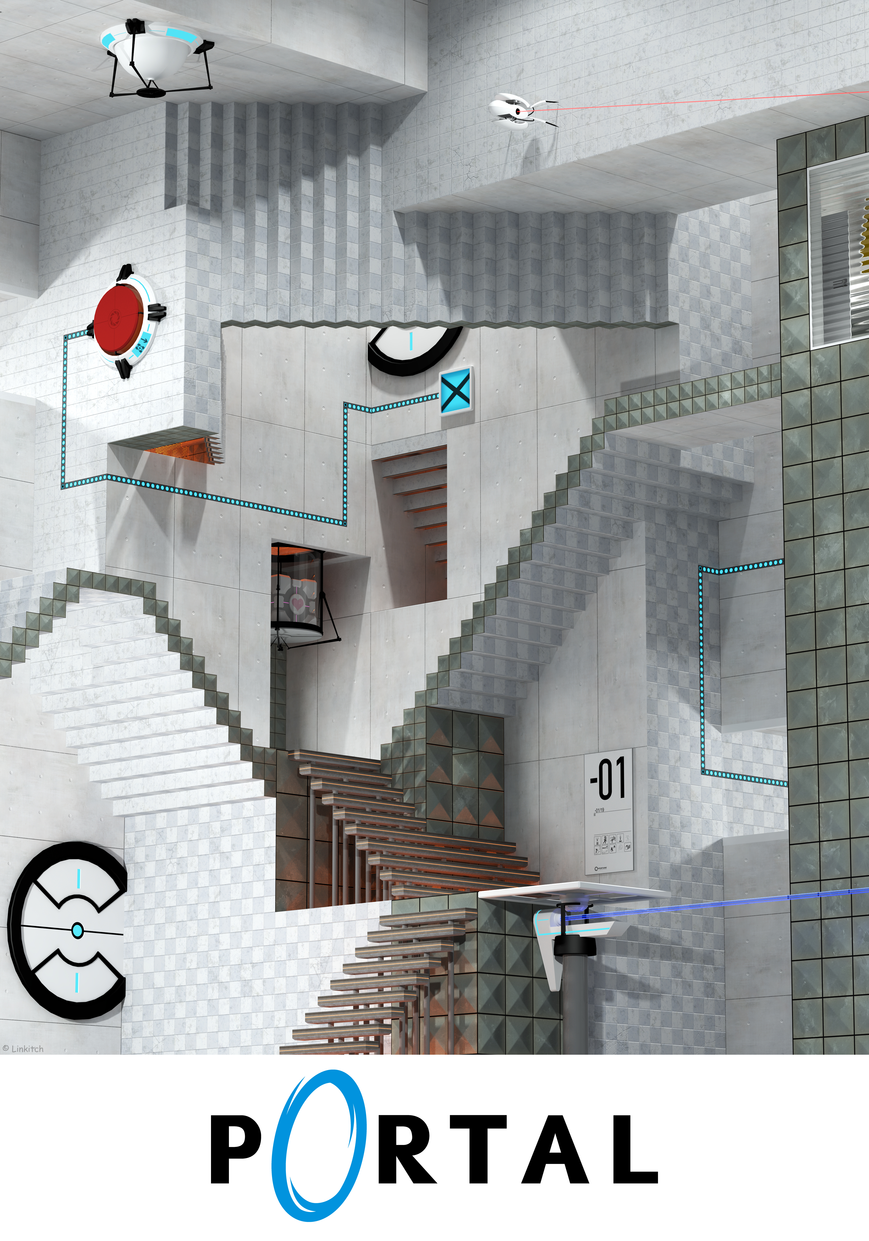 linkitch, sentry turret (portal), portal (series), portal 1, relativity, absurdres, highres, aperture science weighted companion cube, cube, fine art parody, heart, m c escher, maurits cornelis escher, no humans, parody, relativity (escher), stairs, valve