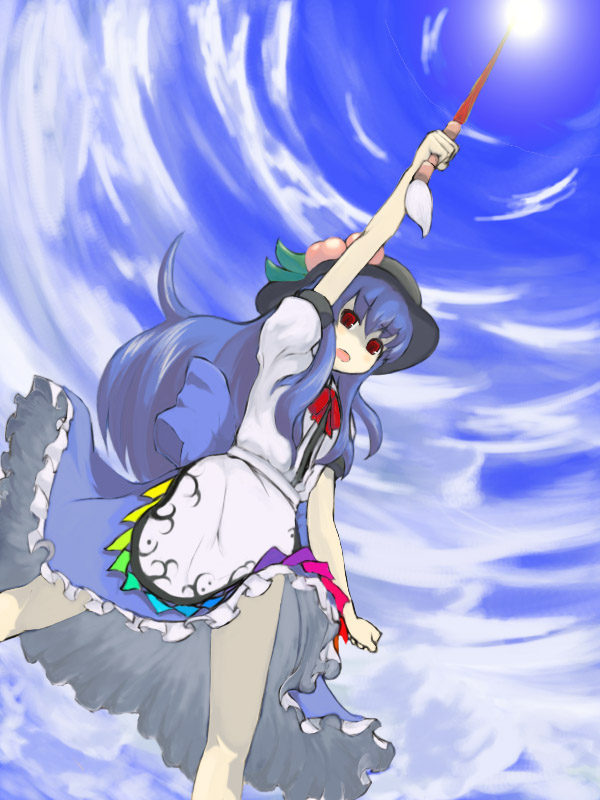 gigokku, hinanawi tenshi, touhou, 1girl, blue hair, cloud, day, female focus, food, fruit, hat, long hair, outdoors, peach, ribbon, sky, solo, sword, sword of hisou, weapon
