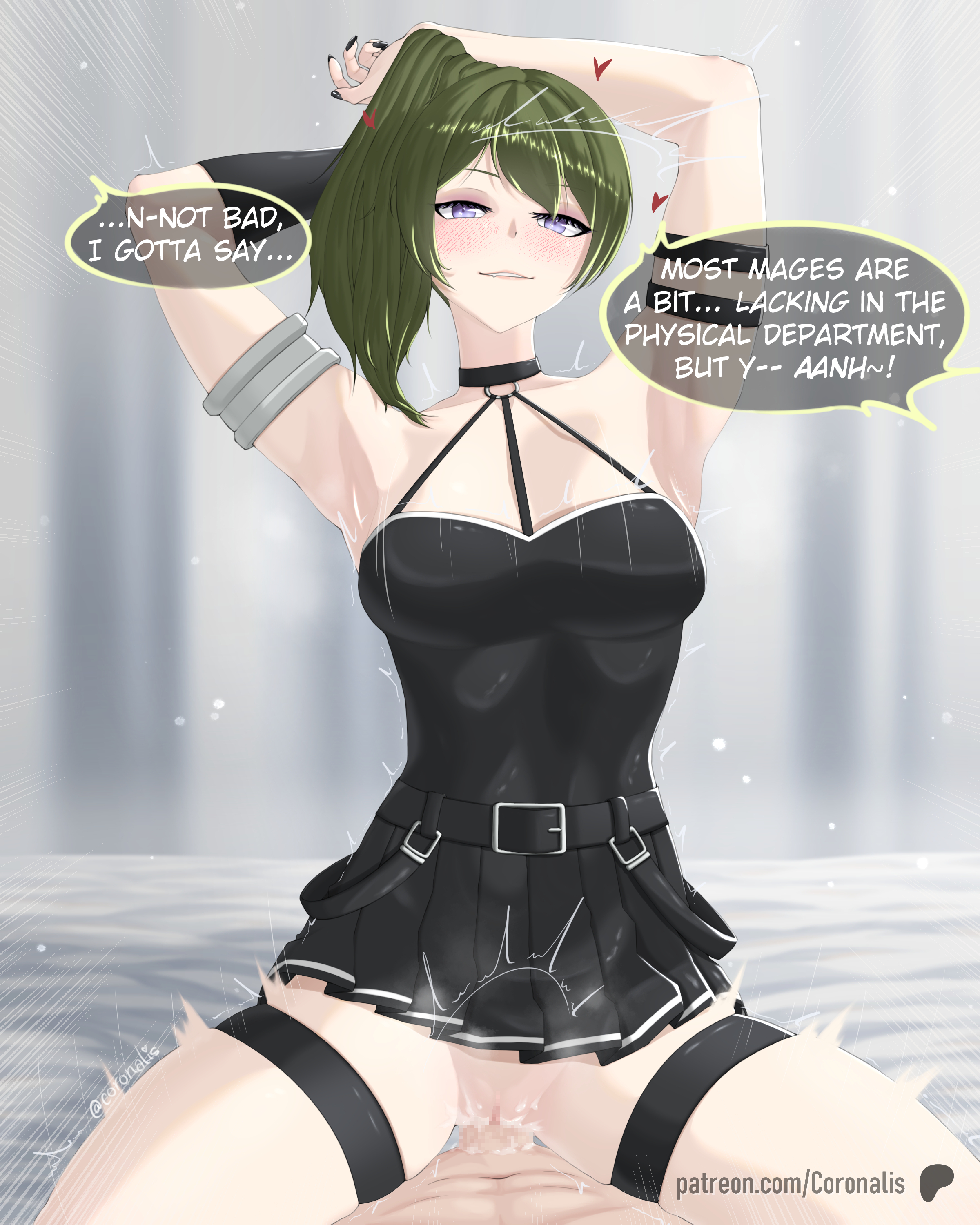 coronalis, ubel (sousou no frieren), sousou no frieren, arms behind head, arms up, bed, black choker, black dress, black gloves, choker, cowgirl position, curtains, dress, gloves, green hair, nail polish, pov, pov crotch, purple eyes, straddling