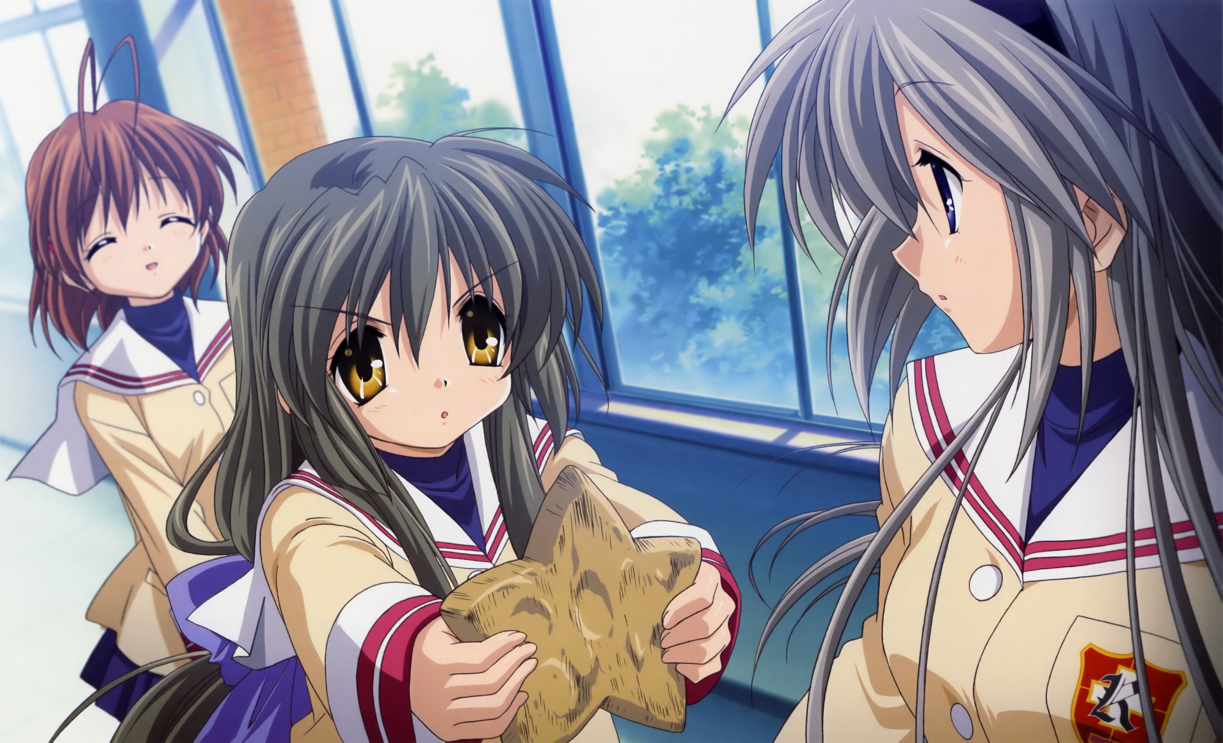 furukawa nagisa, ibuki fuuko, sakagami tomoyo, clannad, absurdres, highres, official art, 00s, 3girls, ahoge, brown hair, female focus, grey hair, indoors, long hair, multiple girls, plant, school uniform, serafuku, standing, starfish, very long hair