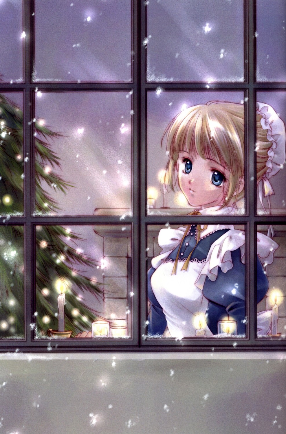 minakami kaori, original, highres, 1girl, blonde hair, blue eyes, candle, christmas tree, female focus, looking at viewer, looking outside, maid, ribbon, snow, solo, tree, window