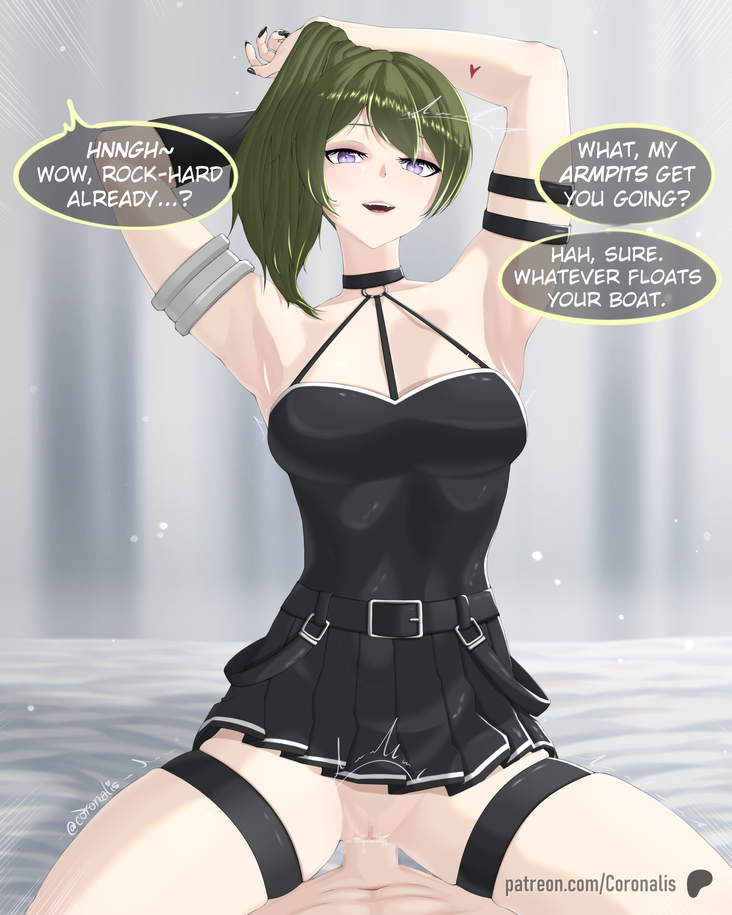 coronalis, ubel (sousou no frieren), sousou no frieren, arms behind head, arms up, bed, black choker, black dress, black gloves, choker, cowgirl position, curtains, dress, gloves, green hair, nail polish, pov, pov crotch, purple eyes, straddling