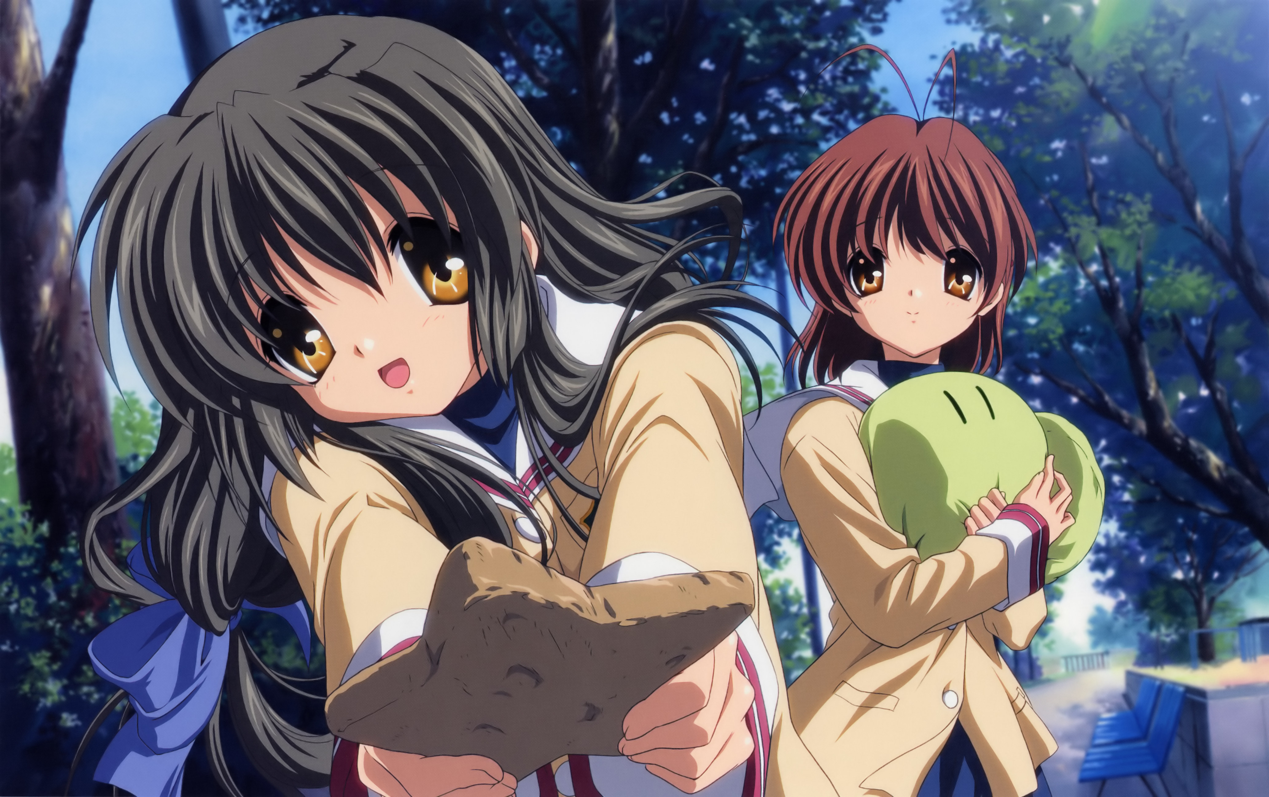 furukawa nagisa, ibuki fuuko, clannad, dango daikazoku, absurdres, highres, official art, 00s, 2girls, ahoge, antenna hair, black hair, brown hair, cloud, female focus, multiple girls, outdoors, plant, school uniform, serafuku, sky, standing, starfish, tree