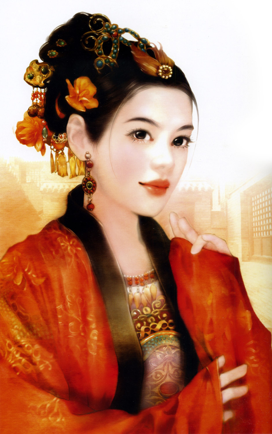 der jen, highres, black eyes, black hair, earrings, hair ornament, jewelry, long sleeves, realistic, smile, solo