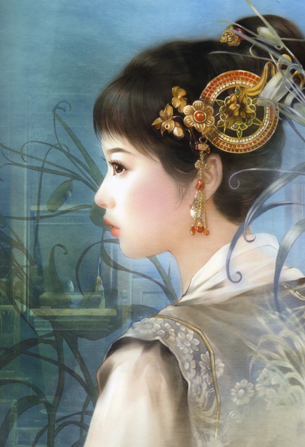 der jen, highres, black eyes, black hair, earrings, hair ornament, jewelry, lipstick, makeup, realistic, solo