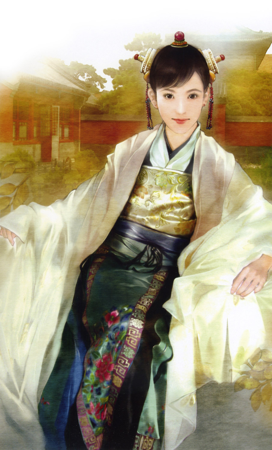 der jen, highres, architecture, black eyes, black hair, east asian architecture, hair ornament, japanese clothes, kimono, long sleeves, realistic, smile, solo