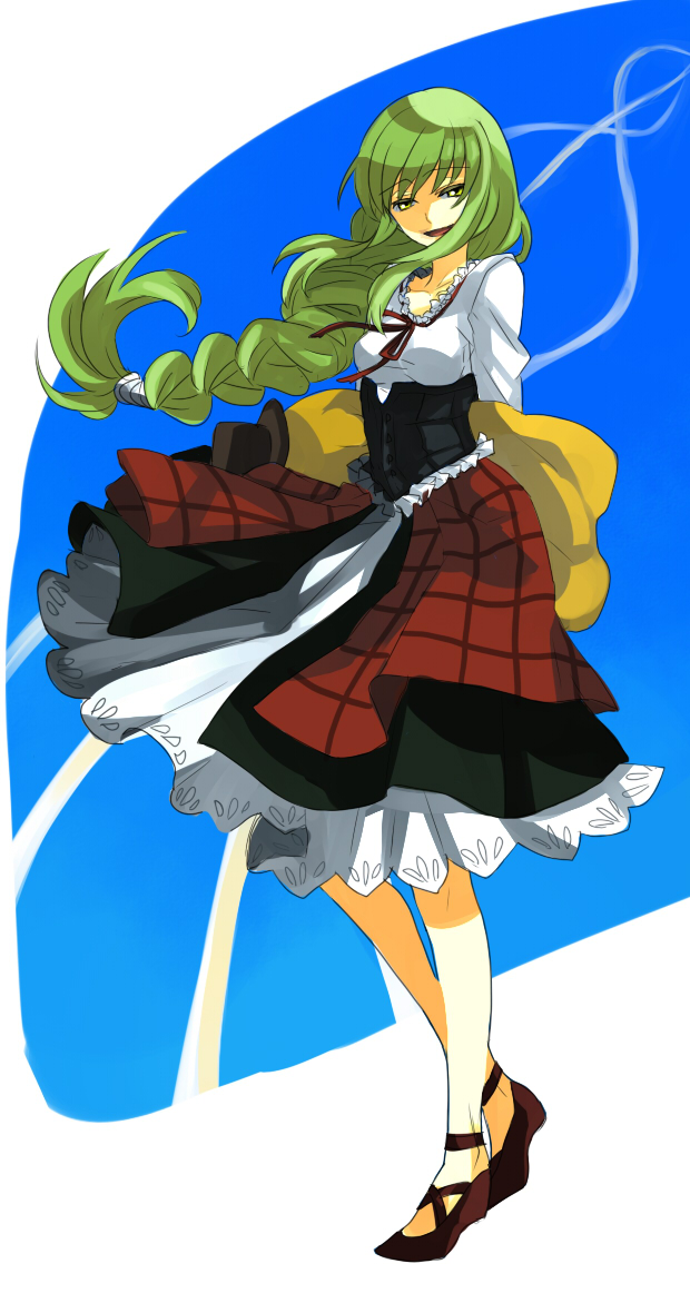 nanamura, yaichi, c.c., cheese-kun, code geass, pizza hut, plaid, bad id, bad pixiv id, 00s, 1girl, braid, corset, dress, female focus, frills, green hair, happy, long hair, single braid, smile, solo, very long hair, yellow eyes