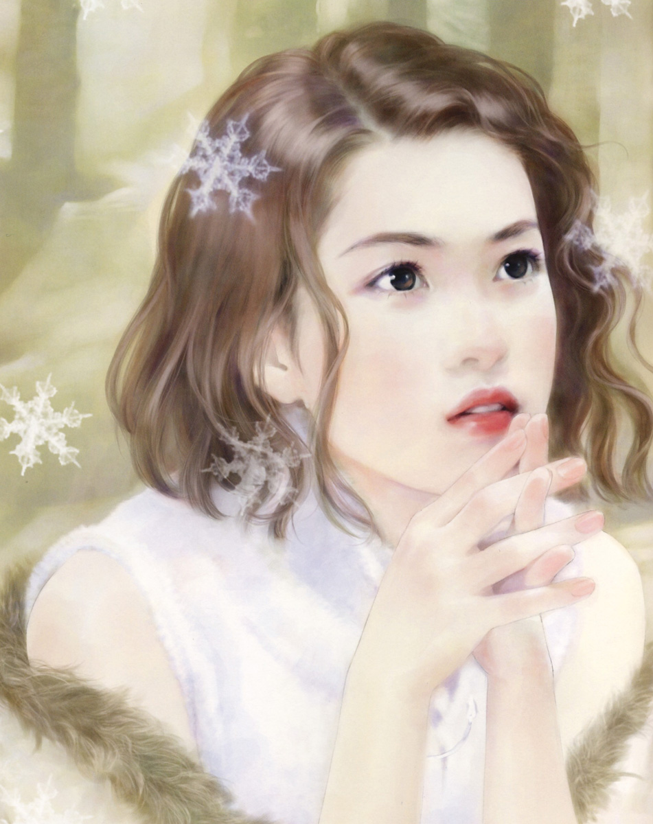 chen shu fen, highres, black eyes, brown hair, realistic, short hair, snow, solo