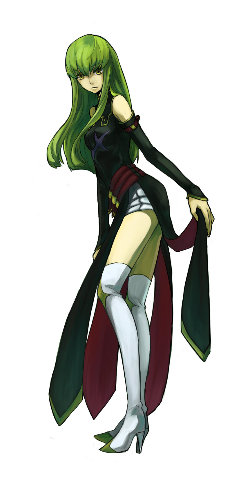 nanamura, yaichi, c.c., code geass, bad id, bad pixiv id, highres, 00s, belt, boots, dress, elbow gloves, gloves, green hair, solo, thigh boots, thighhighs, yellow eyes