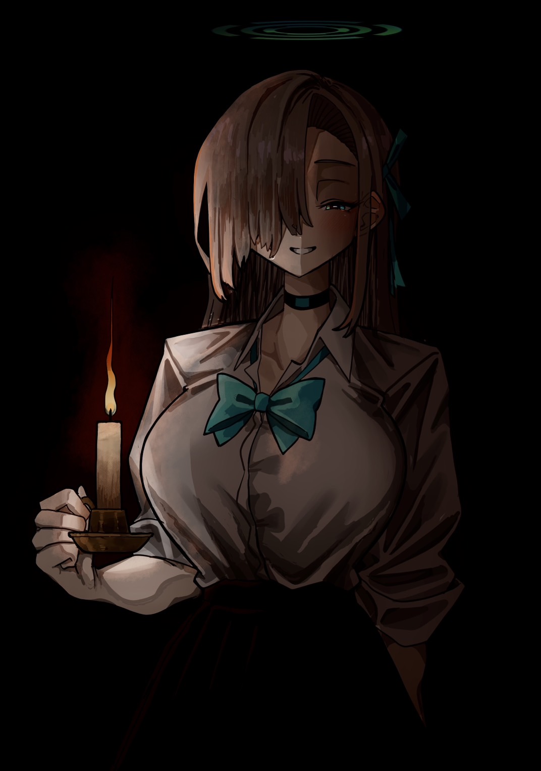 happy jolson, asuna (blue archive), asuna (school uniform) (blue archive), blue archive, highres, 1girl, blue halo, blue ribbon, blue scrunchie, blush, breasts, candle, candlestand, choker, collarbone, cowboy shot, dark, hair between eyes, hair over one eye, halo, holding, holding candle, long hair, looking at viewer, night, pleated skirt, ribbon, school uniform, scrunchie, shirt, shoes, skirt, smile, solo, standing, very long hair, white shirt, wrist scrunchie