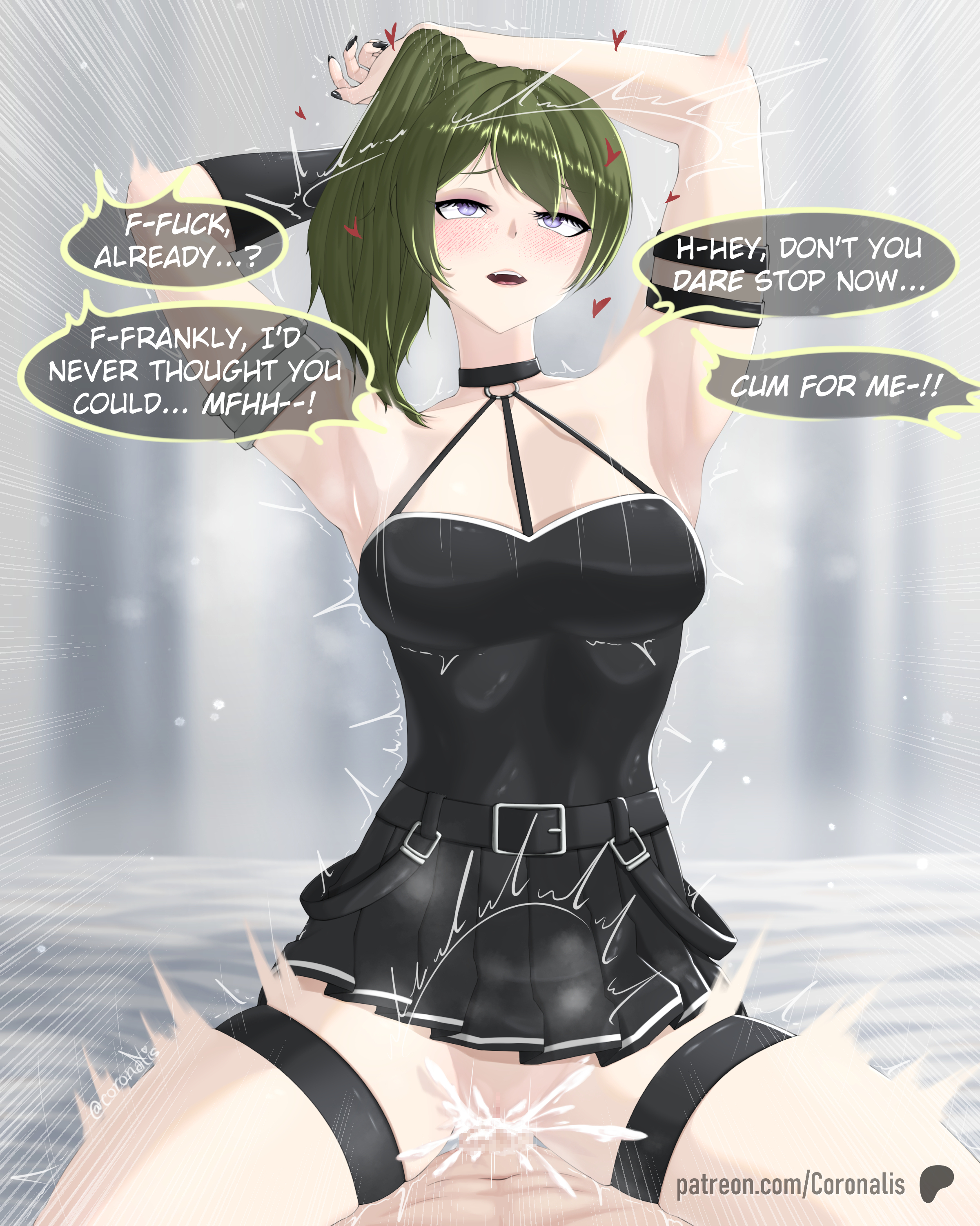 coronalis, ubel (sousou no frieren), sousou no frieren, arms behind head, arms up, bed, black choker, black dress, black gloves, choker, cowgirl position, cum, cum in pussy, curtains, dress, gloves, green hair, nail polish, pov, pov crotch, purple eyes, straddling