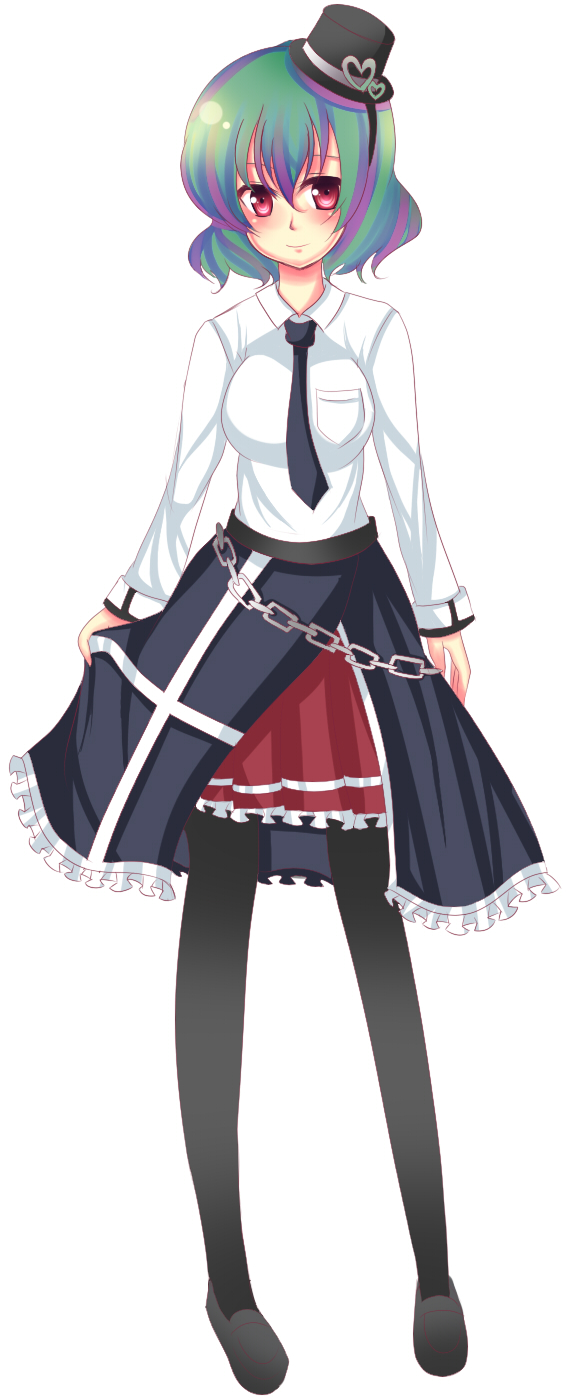 uranaishi (miraura), kazami yuuka, mirage, touhou, bad id, bad pixiv id, highres, 1girl, alternate costume, black pantyhose, chain, female focus, green hair, hat, mini hat, mini top hat, multicolored hair, necktie, pantyhose, red eyes, short hair, solo, top hat, white background