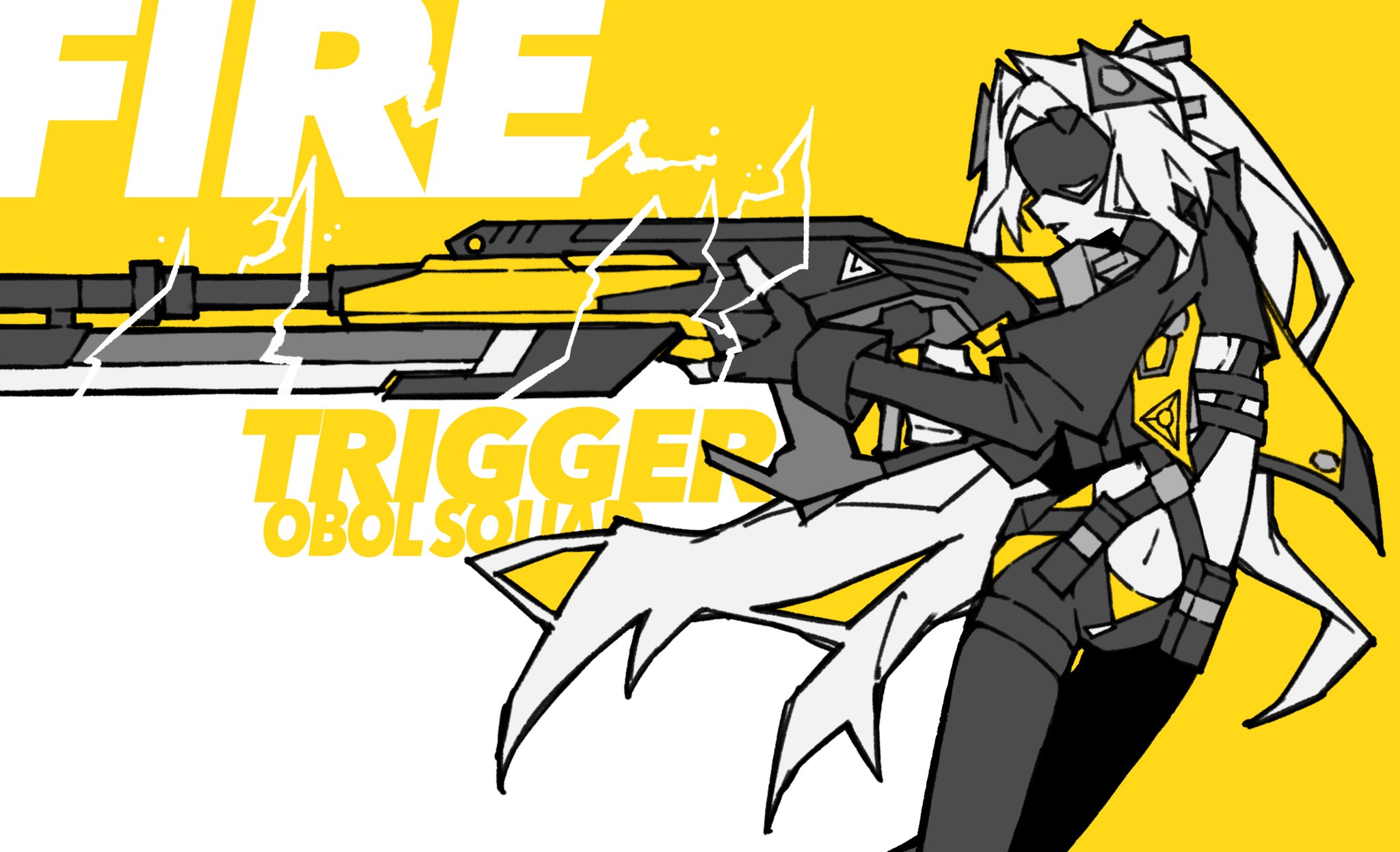 zito (zito222), trigger (zenless zone zero), zenless zone zero, highres, ammunition pouch, black pants, black shrug, blindfold, blindfold mask, camouflage, camouflage jacket, camouflage pants, character name, covered eyes, english text, eye mask, fingerless gloves, firing, from side, gloves, glowing mask, gun, gunblade, hair ornament, holding, holding weapon, jacket, latex pants, long hair, navel, pants, ponytail, pouch, rifle, shrug (clothing), sniper rifle, tight clothes, tight pants, triangle hair ornament, weapon, white background, yellow background, zipper pull tab