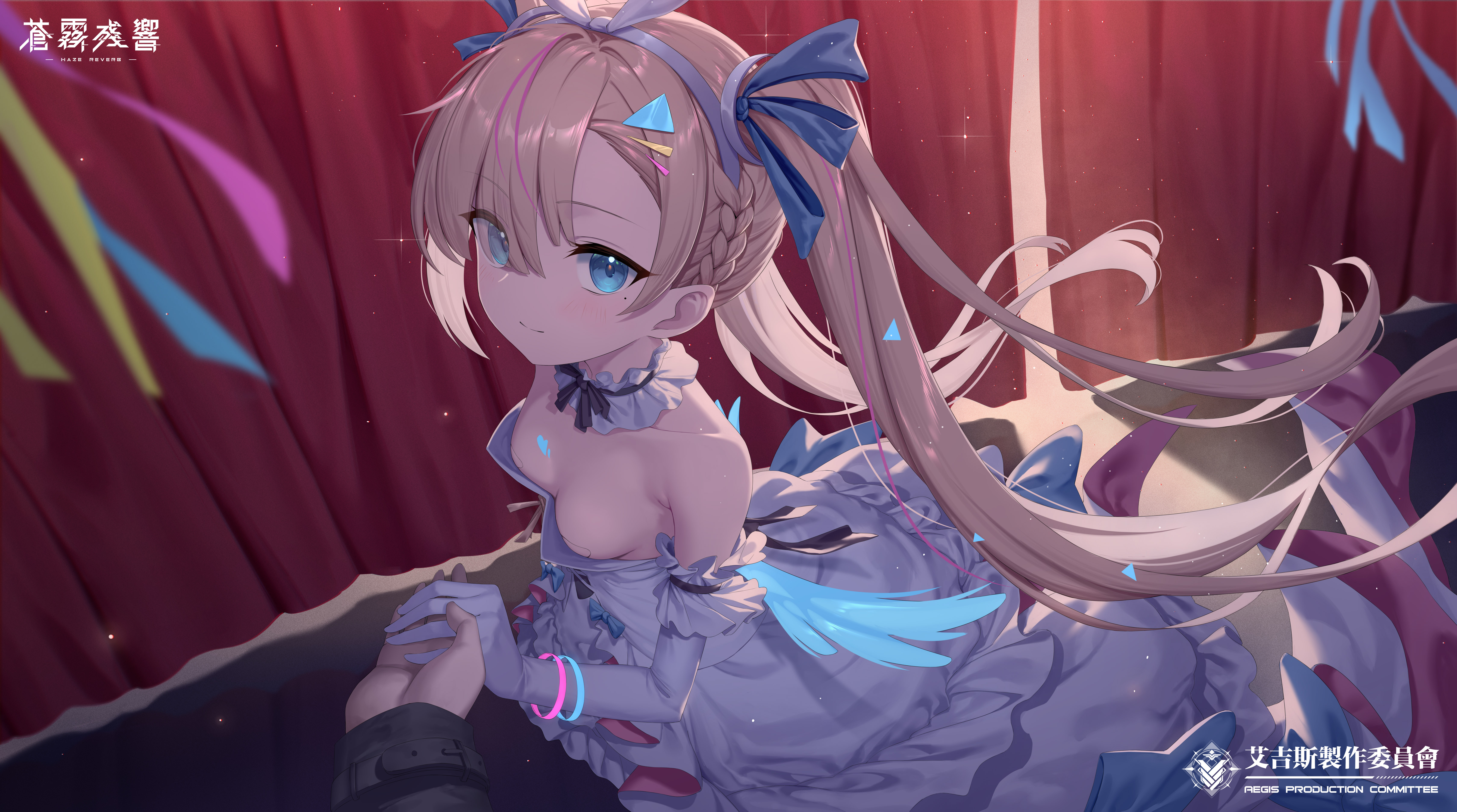 roi (liu tian), haze/reverb, absurdres, chinese commentary, highres, official art, 1boy, 1girl, backstage, blonde hair, blue eyes, blue ribbon, breasts, collar, copyright name, curtains, detached collar, dolores gaviota, dress, elbow gloves, eyes visible through hair, gloves, hand grab, looking at viewer, navigator (haze/reverb), official alternate costume, pasties, ribbon, small breasts, solo focus, strapless, strapless dress, twintails, white collar, white dress, white gloves