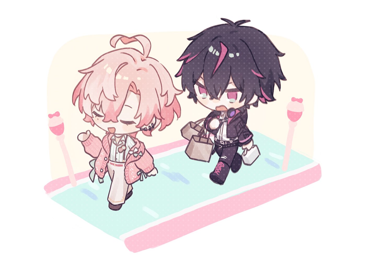 rei (926qz), kurode (fragaria memories), merold (fragaria memories), fragaria memories, 2boys, ahoge, bag, black hair, black jacket, blush, capri pants, cardigan, chibi, chibi only, closed eyes, collared shirt, colored tips, cropped jacket, d:, denim, double-parted bangs, ear piercing, earrings, full body, hair between eyes, hair intakes, headphones, headphones around neck, holding, jacket, jeans, jewelry, lapels, long sleeves, multicolored hair, multiple boys, multiple piercings, notched lapels, open cardigan, open clothes, open mouth, pants, piercing, pink cardigan, pink hair, shirt, shoes, shopping bag, short hair, side part, sidewalk, simple background, smile, sneakers, striped clothes, striped shirt, suspenders, torn clothes, torn jeans, torn pants, vertical-striped clothes, walking, white shirt